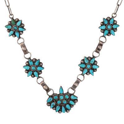 Vintage Zuni Sterling Turquoise Cluster Necklace | Weight: 20.7g | Approx. 19" long