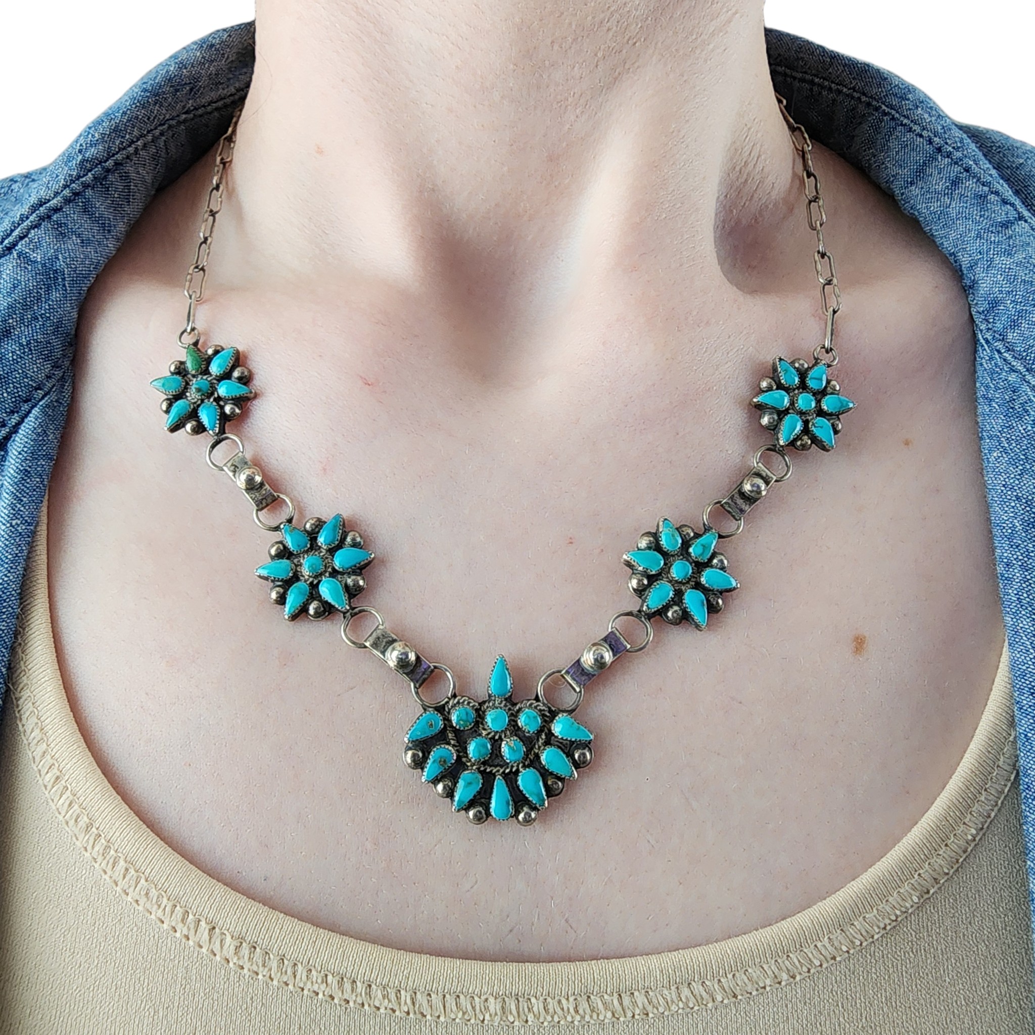 Vintage Zuni Sterling Turquoise Cluster Necklace