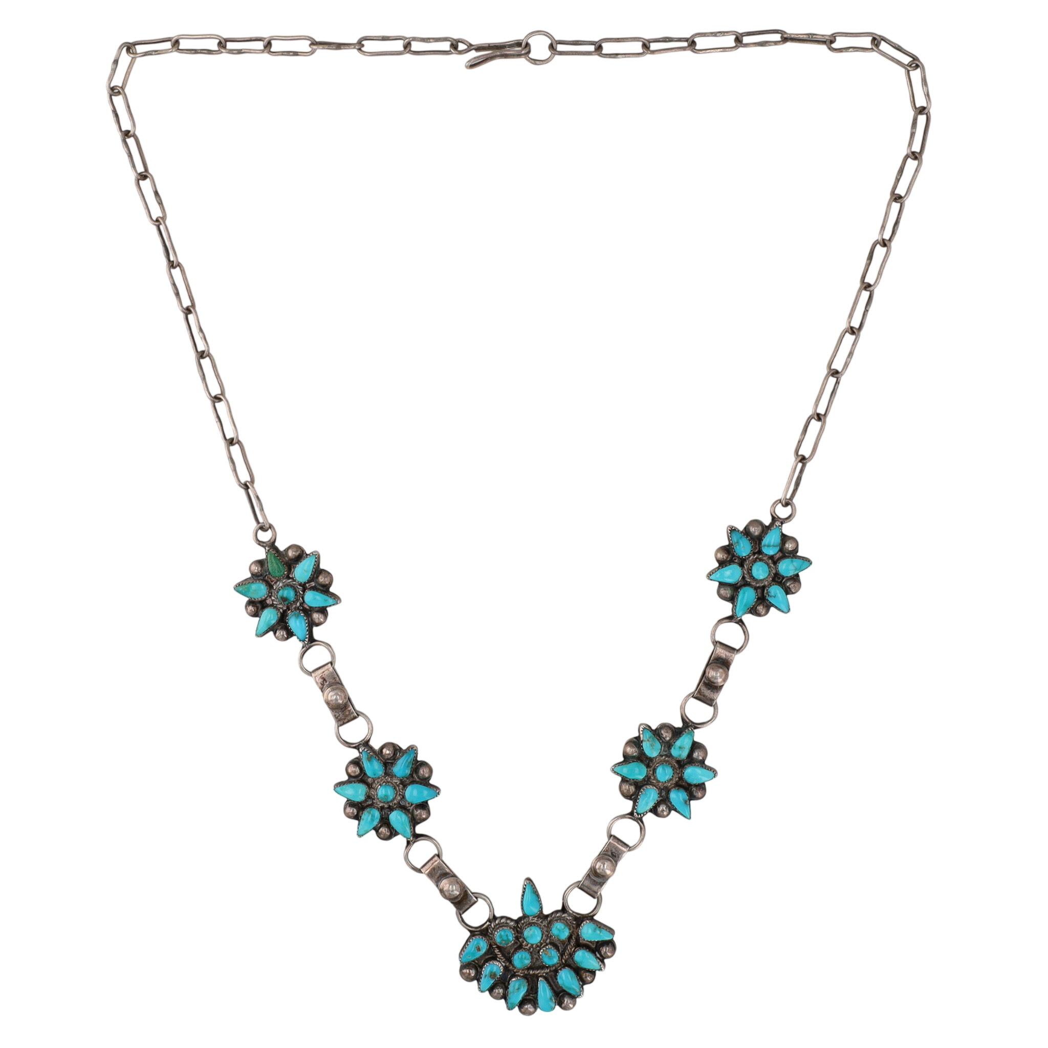 Vintage Zuni Sterling Turquoise Cluster Necklace