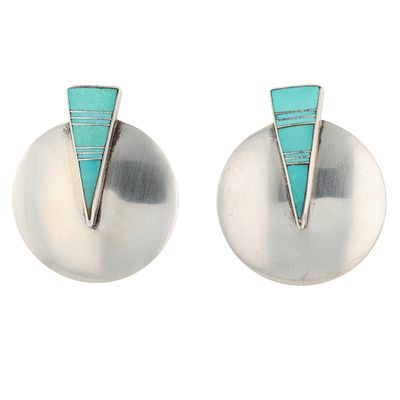 Ray Tracey Navajo & Knifewing Segura Apache Sterling Turquoise Inlay Earrings | Weight: 13.6g | 