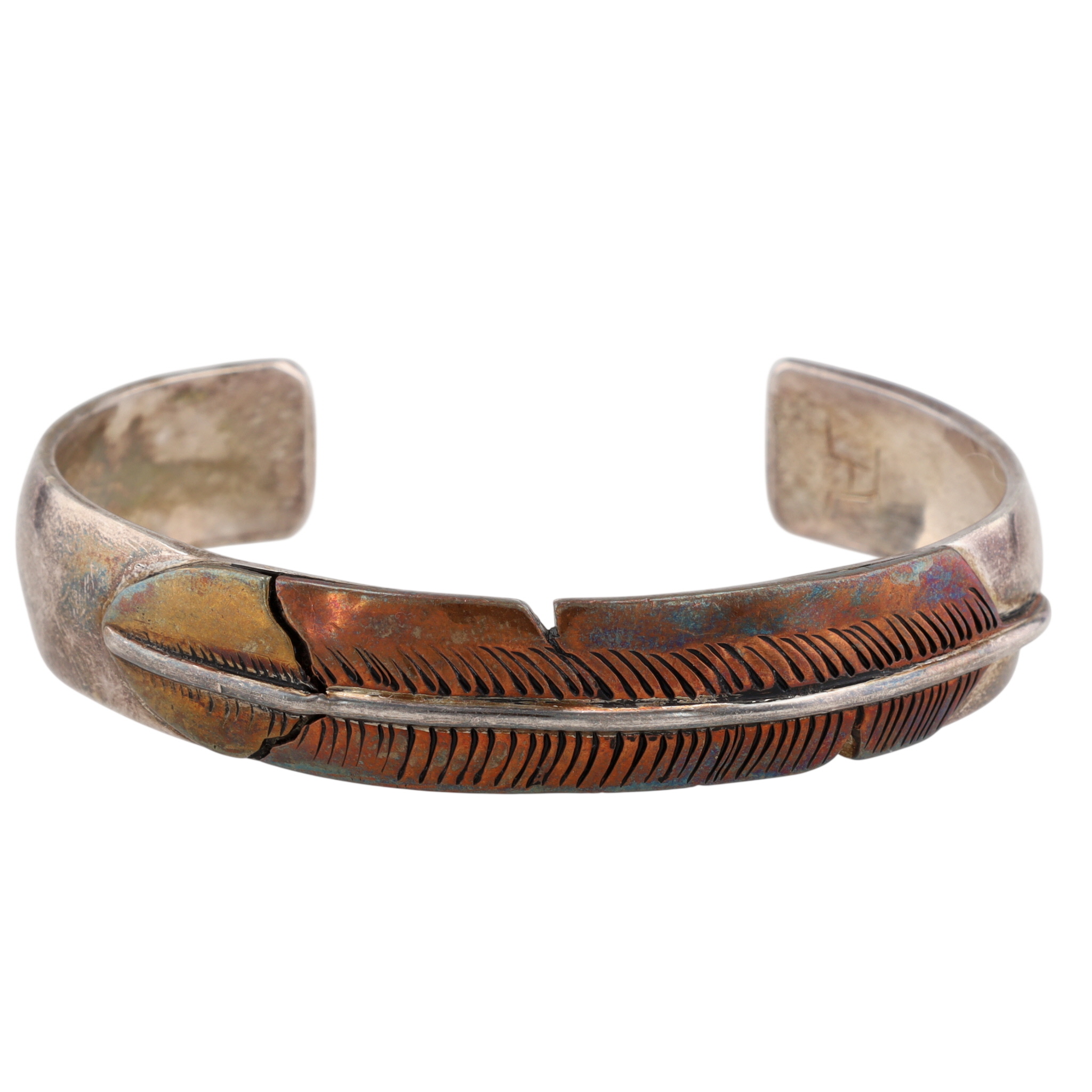 Vintage Signed Navajo Sterling Feather Cuff Bracelet