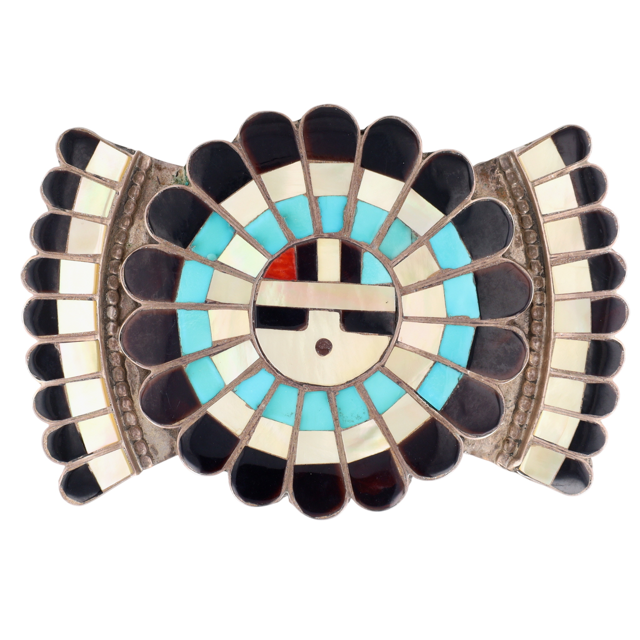 Vintage Jose & Dora Massie Zuni Sterling Multi-Stone Inlay Sunface Belt Buckle
