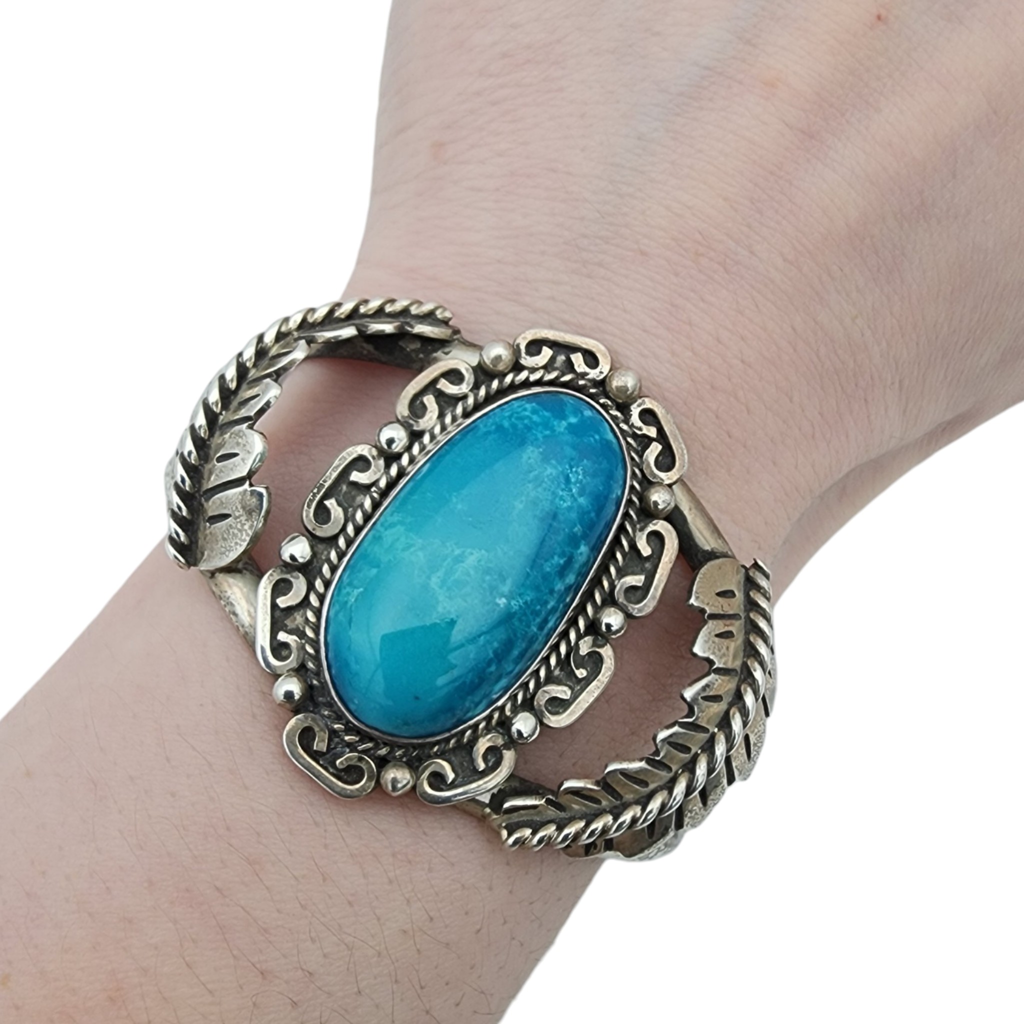 Vintage Signed Navajo Sterling Turquoise Cuff Bracelet