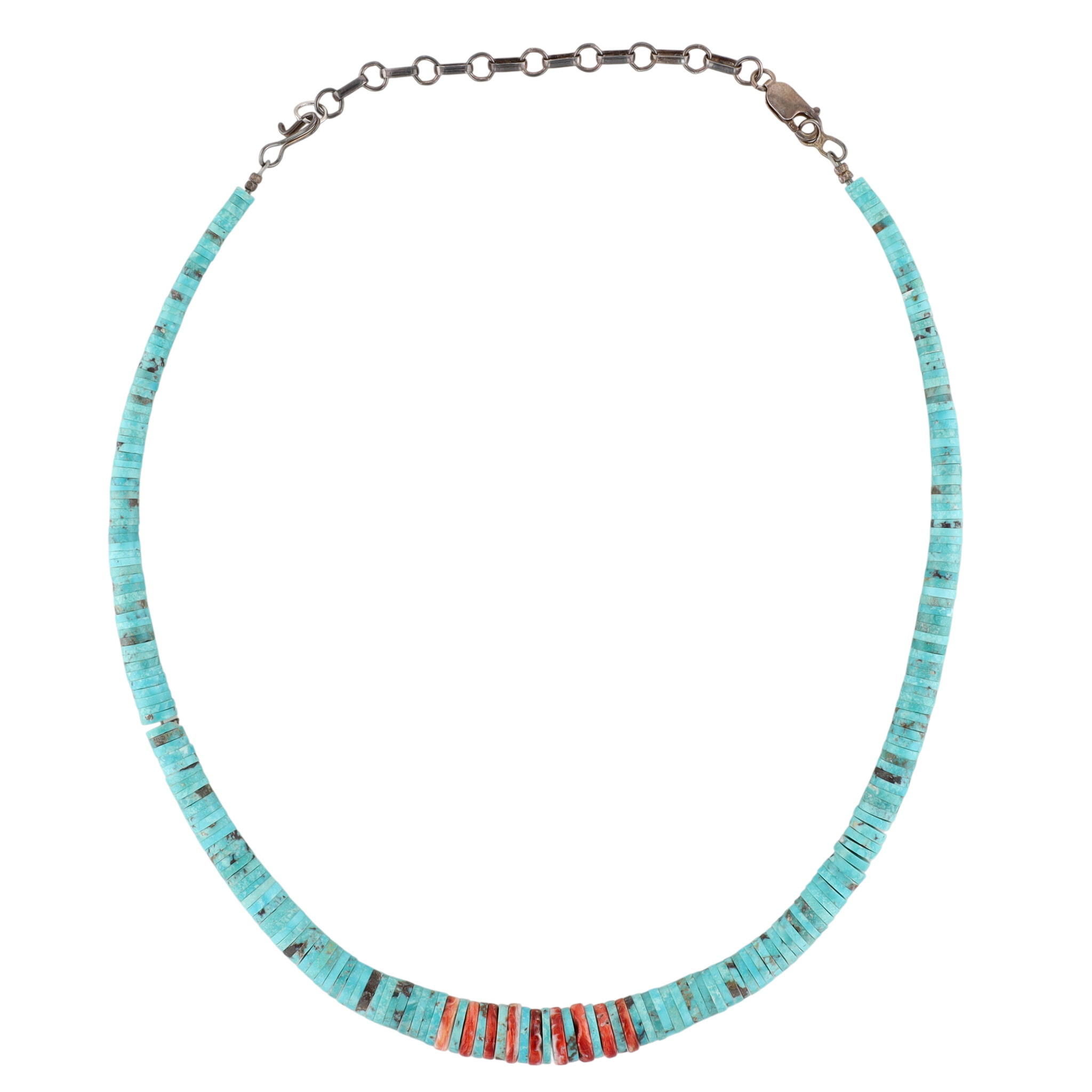 Vintage Santo Domingo Sterling Graduated Turquoise and Spiny Oyster Necklace