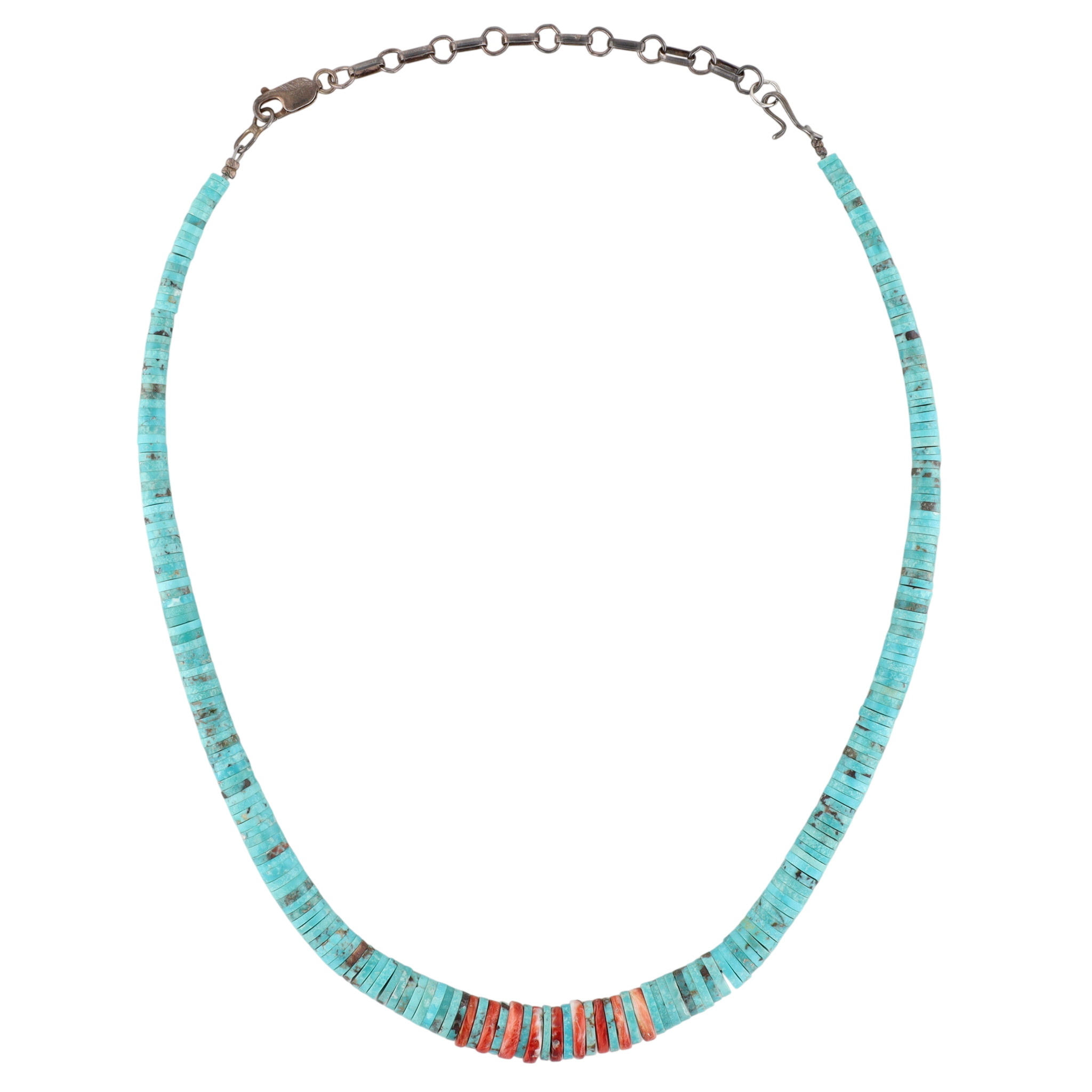 Vintage Santo Domingo Sterling Graduated Turquoise and Spiny Oyster Necklace