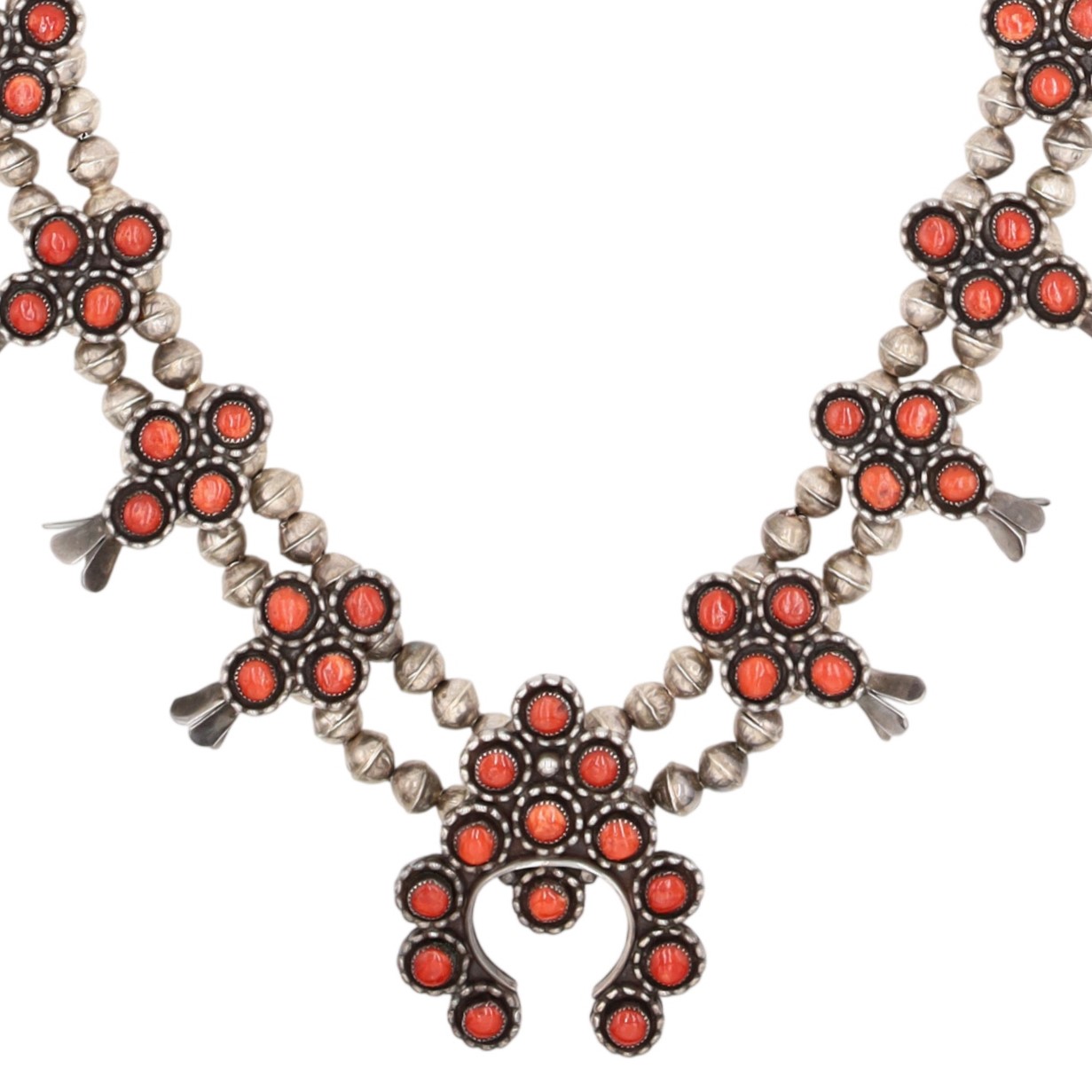 Vintage Zuni Sterling Coral Squash Blossom Necklace