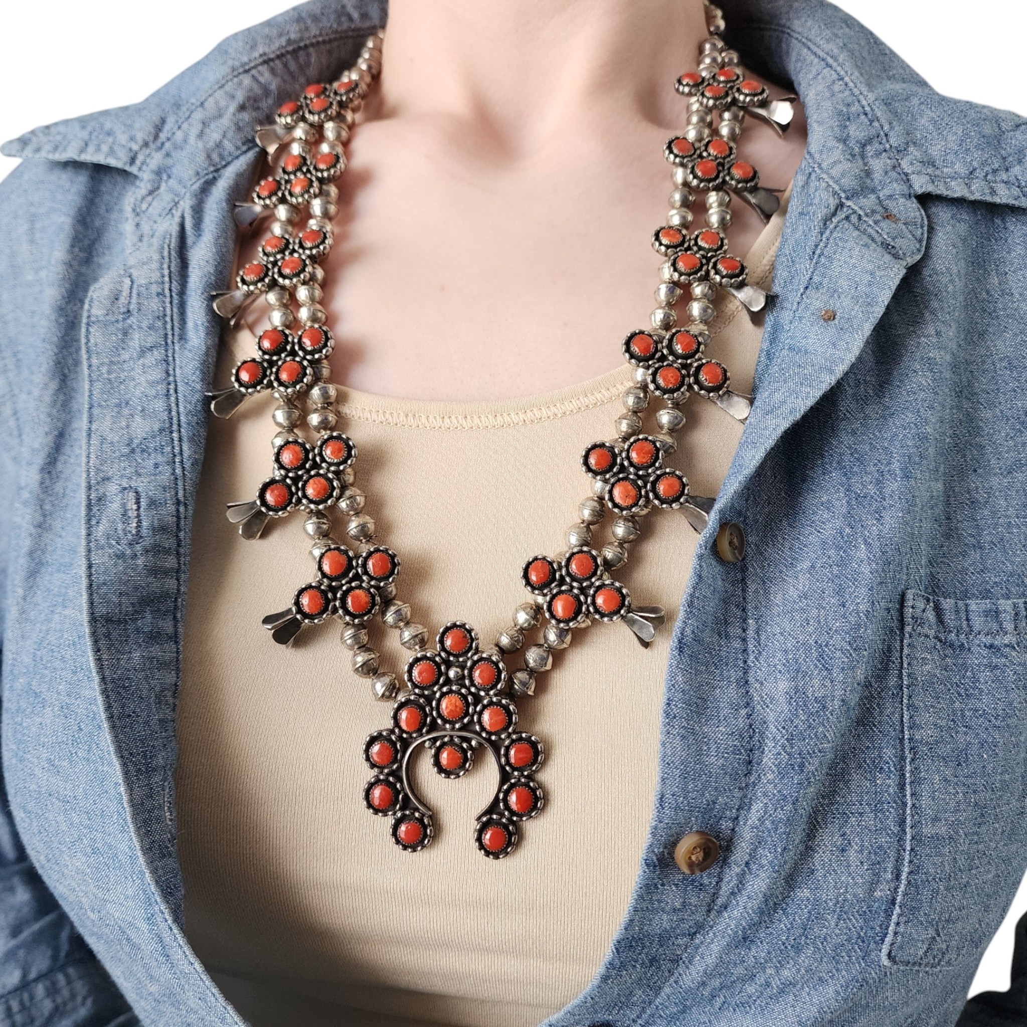 Vintage Zuni Sterling Coral Squash Blossom Necklace