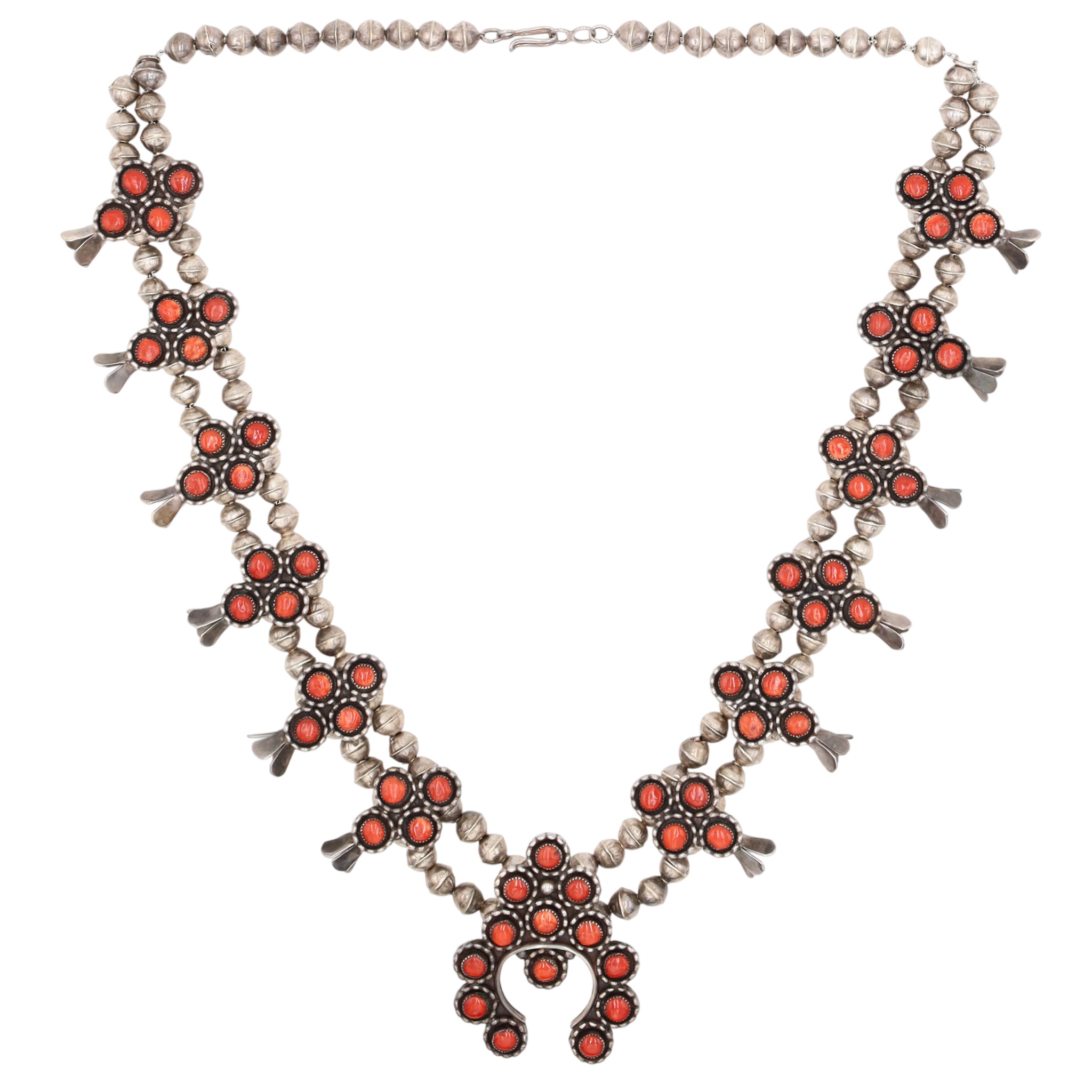 Vintage Zuni Sterling Coral Squash Blossom Necklace