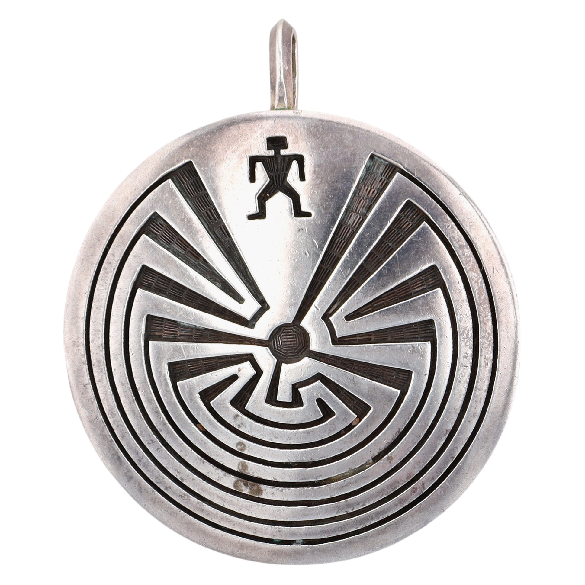 Vintage Arthur Lomayestewa Hopi Sterling Man in the Maze Overlay Pendant