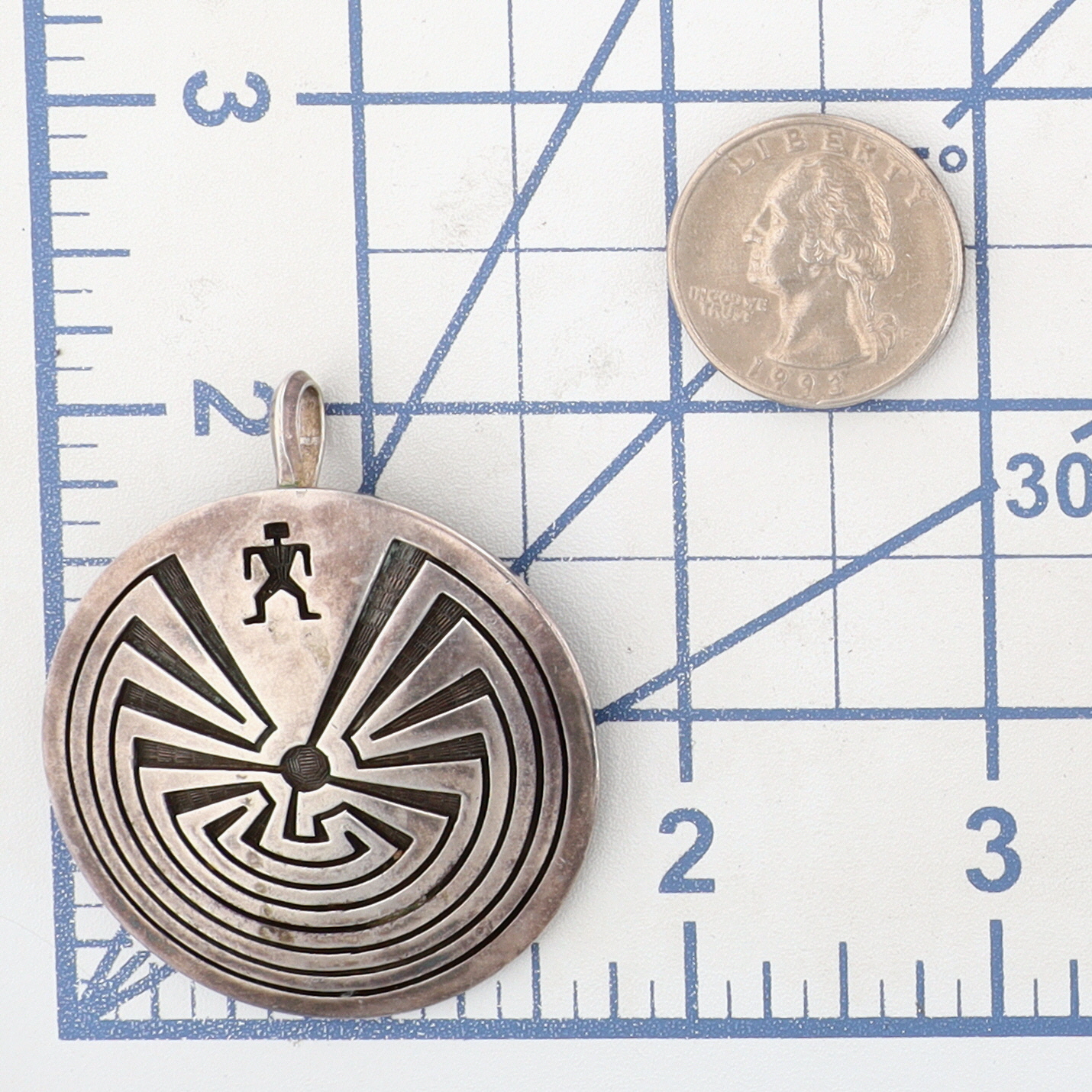 Vintage Arthur Lomayestewa Hopi Sterling Man in the Maze Overlay Pendant