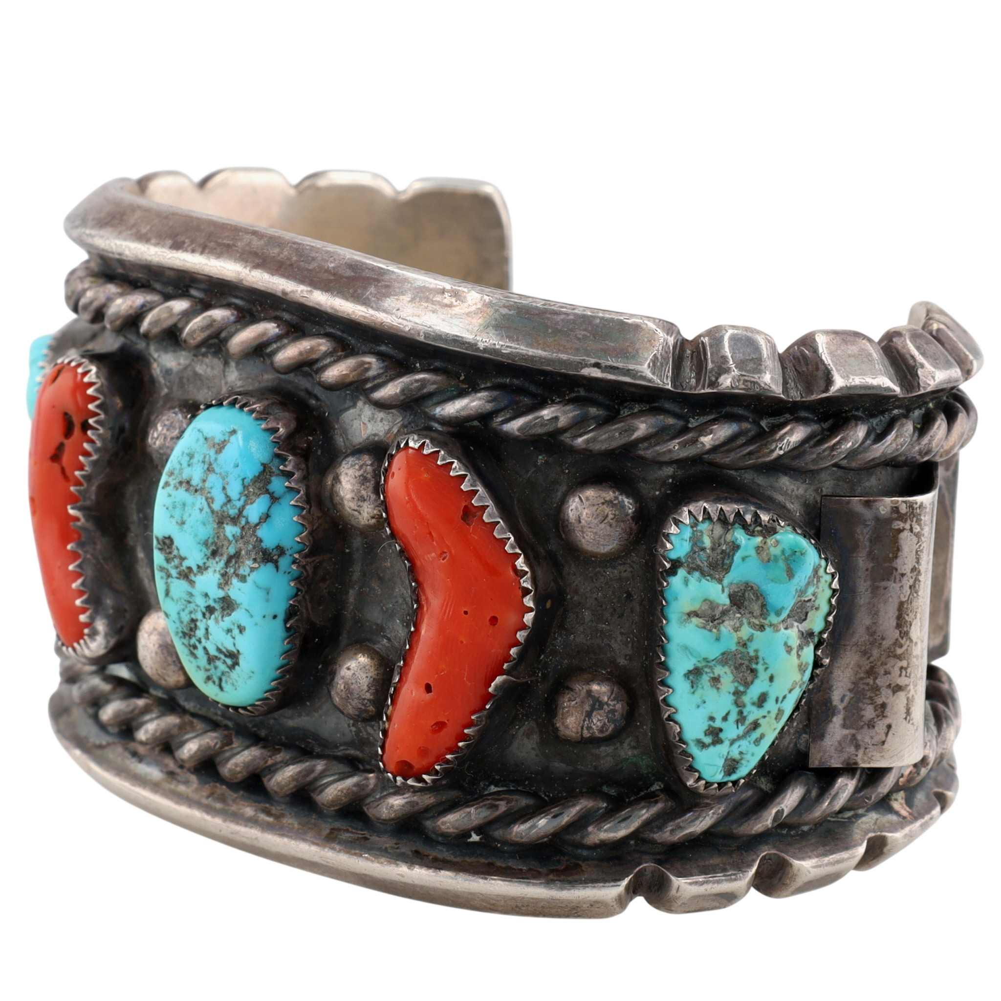 Vintage Signed Navajo Sterling Turquoise Coral Wide Cuff Bracelet