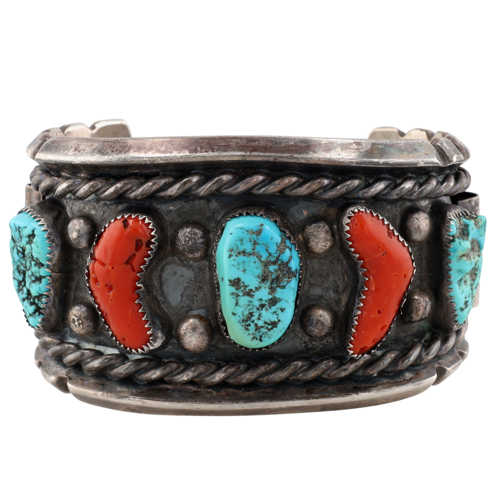 Vintage Signed Navajo Sterling Turquoise Coral Wide Cuff Bracelet