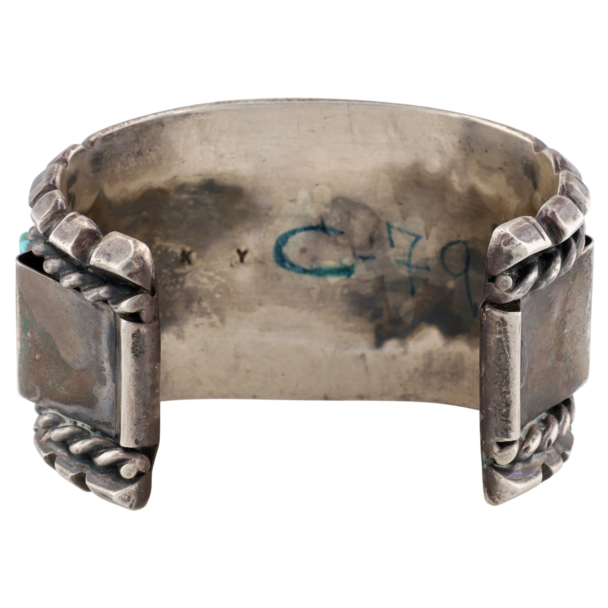 Vintage Signed Navajo Sterling Turquoise Coral Wide Cuff Bracelet