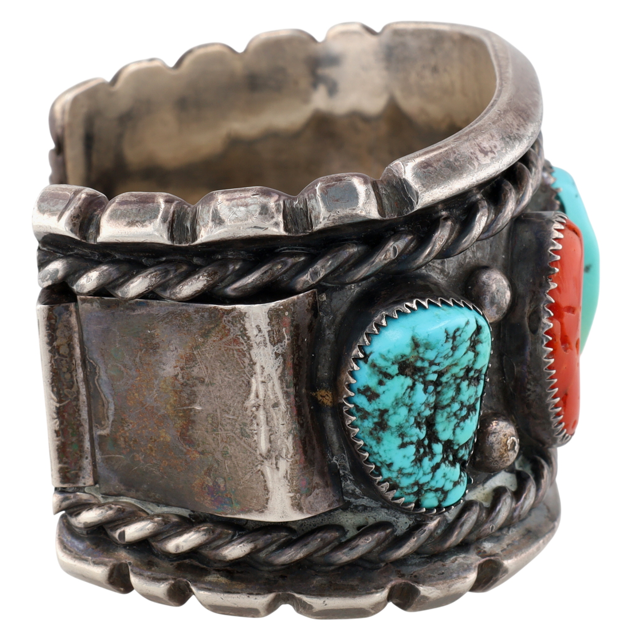 Vintage Signed Navajo Sterling Turquoise Coral Wide Cuff Bracelet