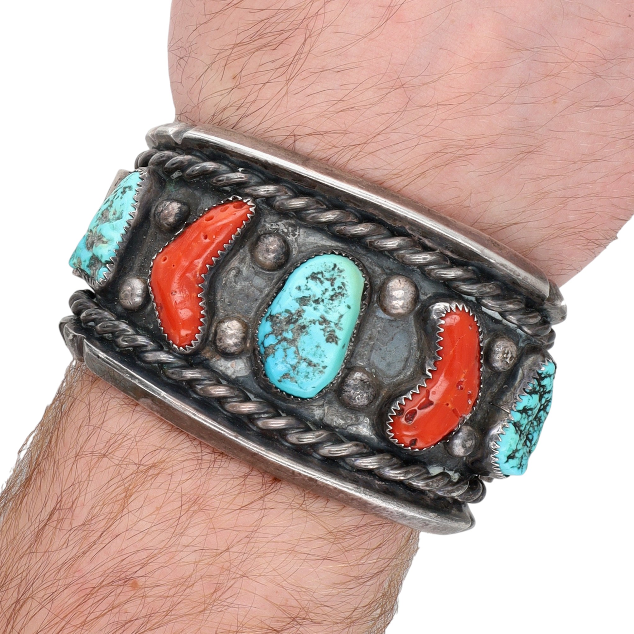 Vintage Signed Navajo Sterling Turquoise Coral Wide Cuff Bracelet
