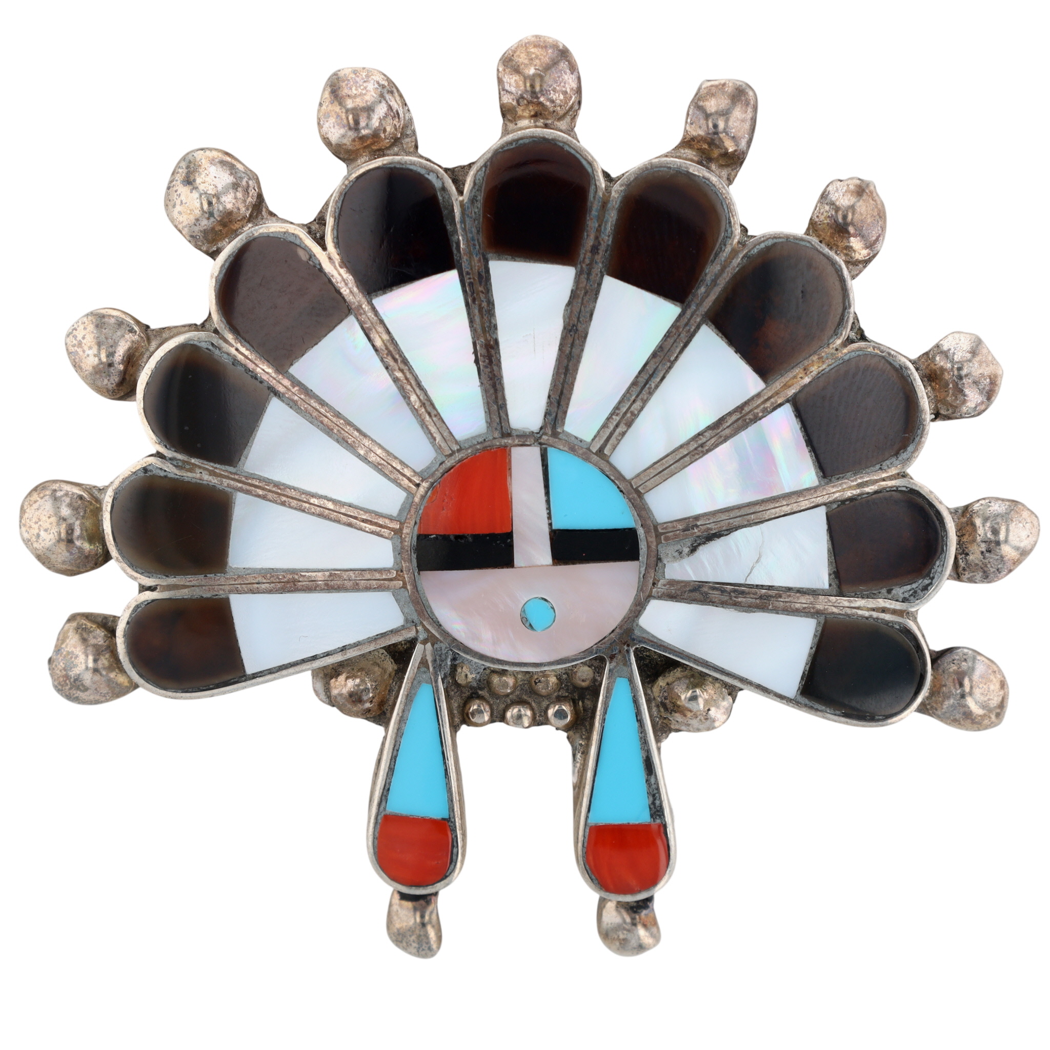 Signed Zuni Sterling Multi-Stone Inlay Sunface Pendant/Brooch