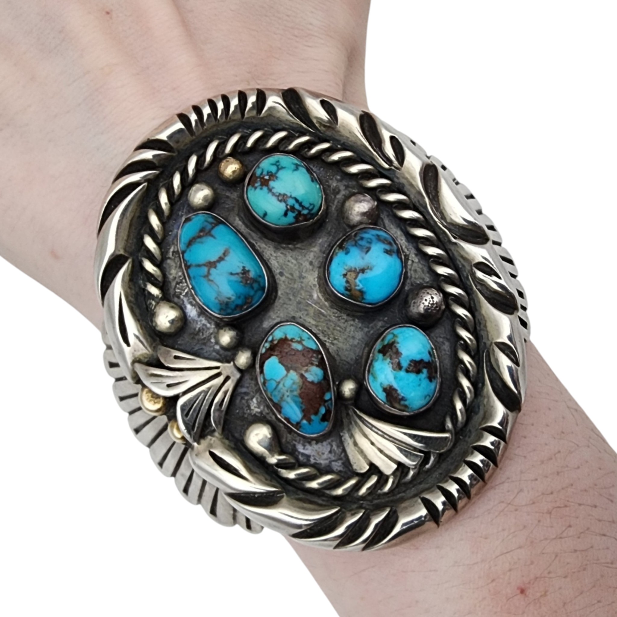 Vintage Signed Navajo Sterling Bisbee Turquoise Cuff Bracelet