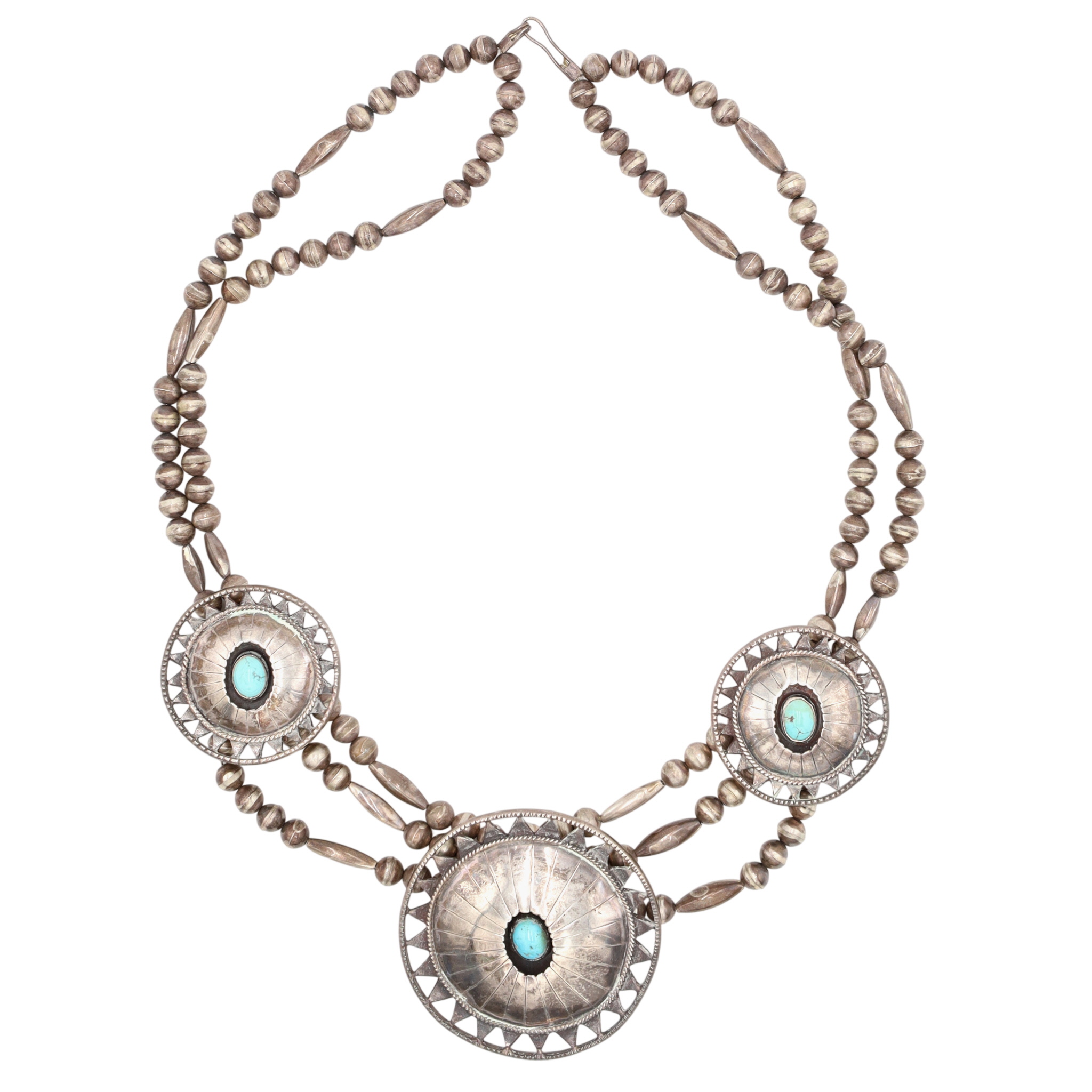Signed Navajo Sterling Turquoise Shadowbox Station Bead Necklace