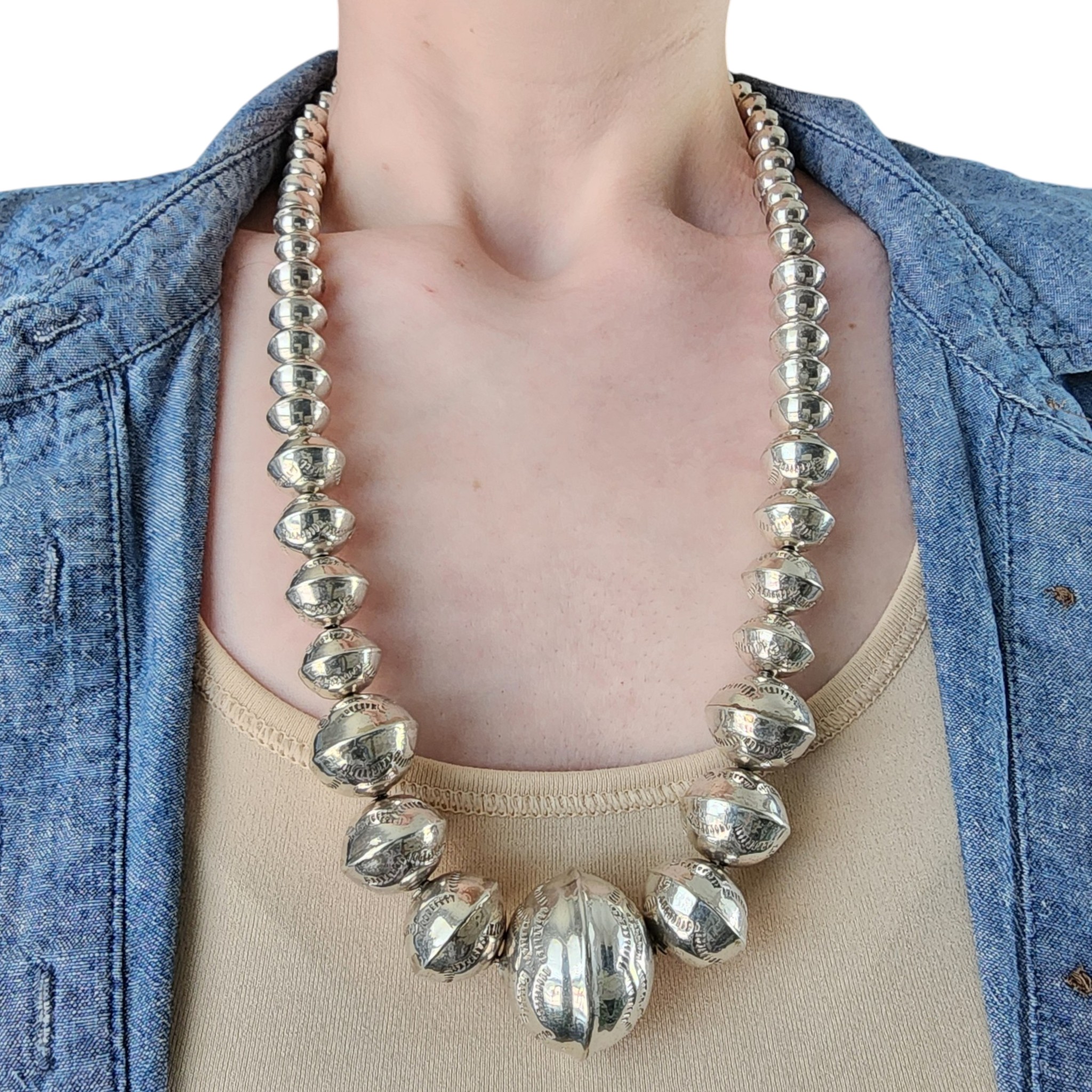 Navajo Sterling Stamped Handmade Graduated Bead Necklace