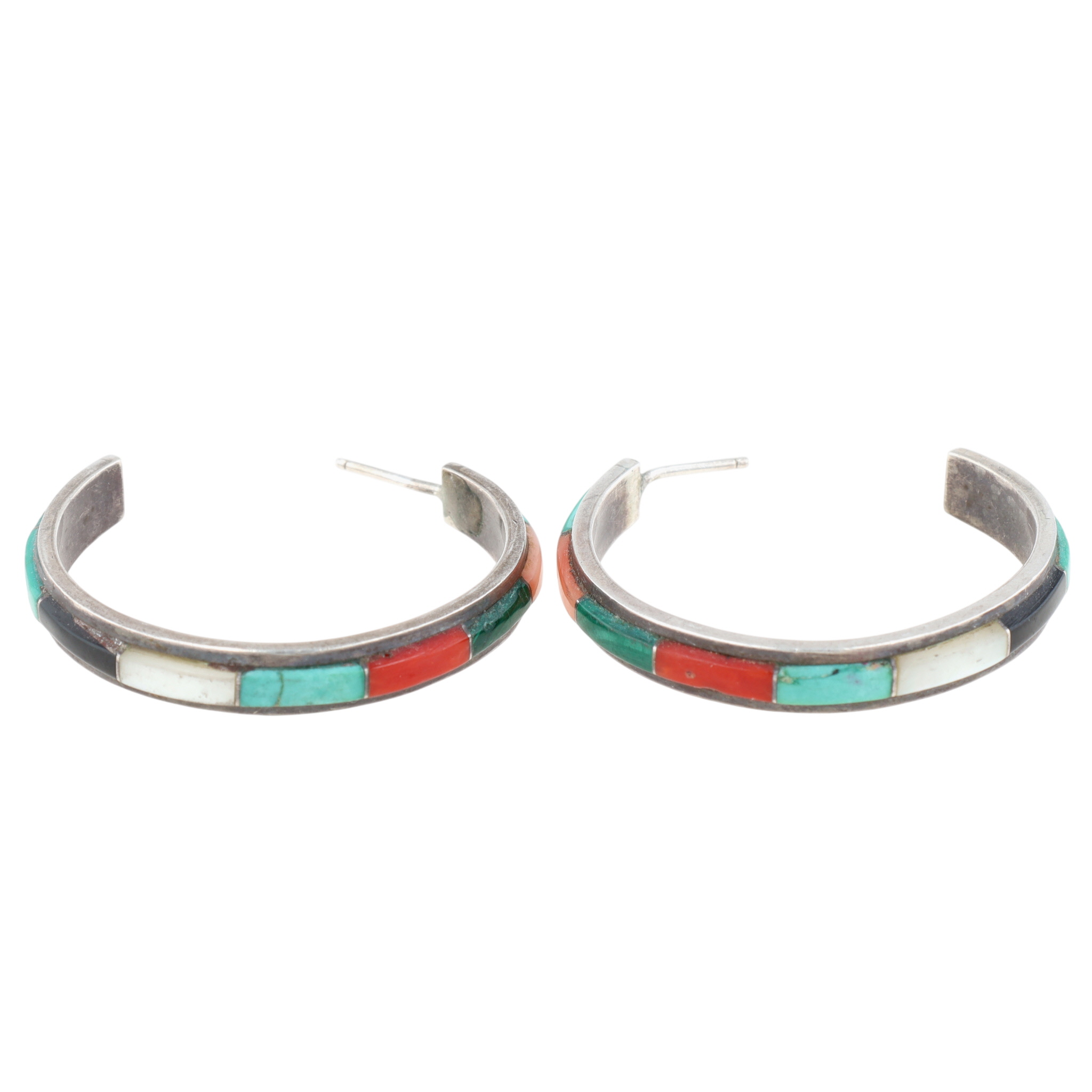Vintage Anson & Letitia Wallace Zuni Sterling Multi-Stone Inlay Hoop Earrings