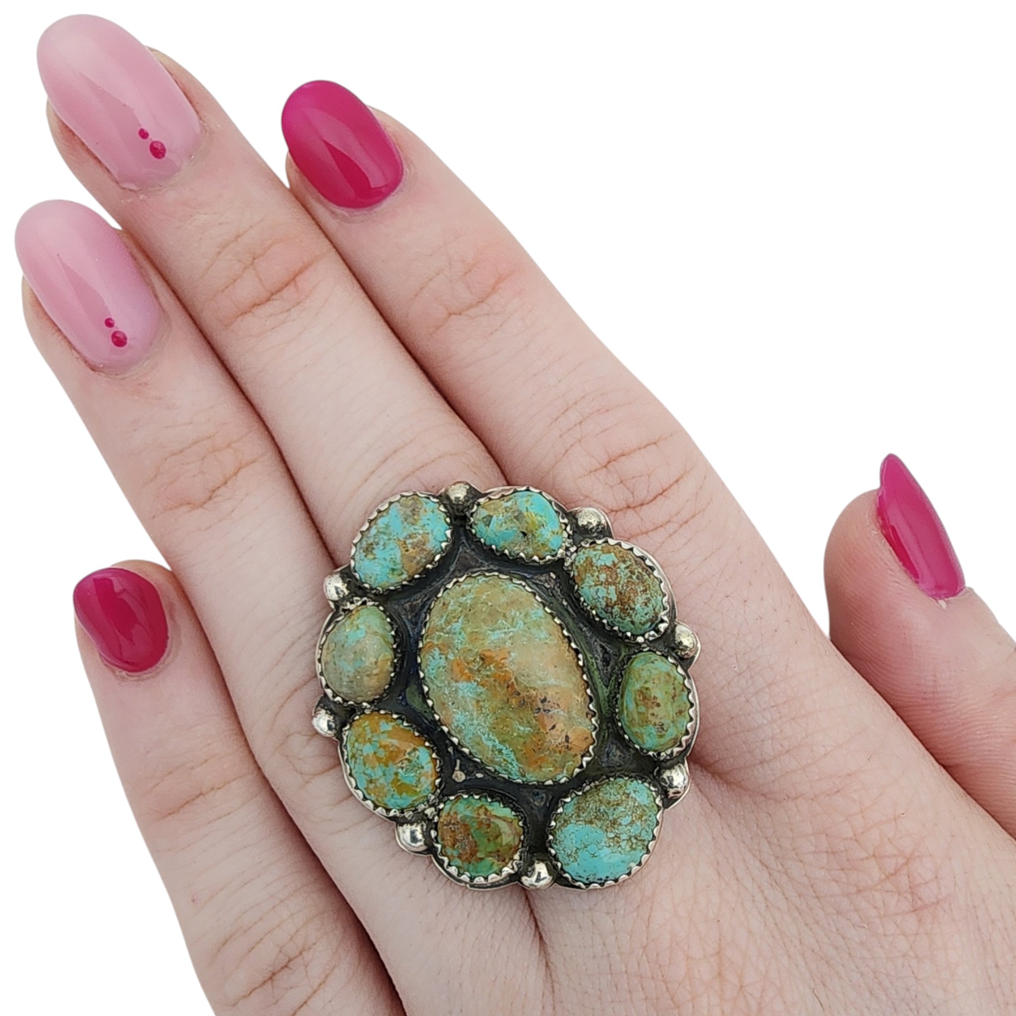Joan Begay Navajo Sterling Blue Mountain Turquoise Cluster Ring Sz 7