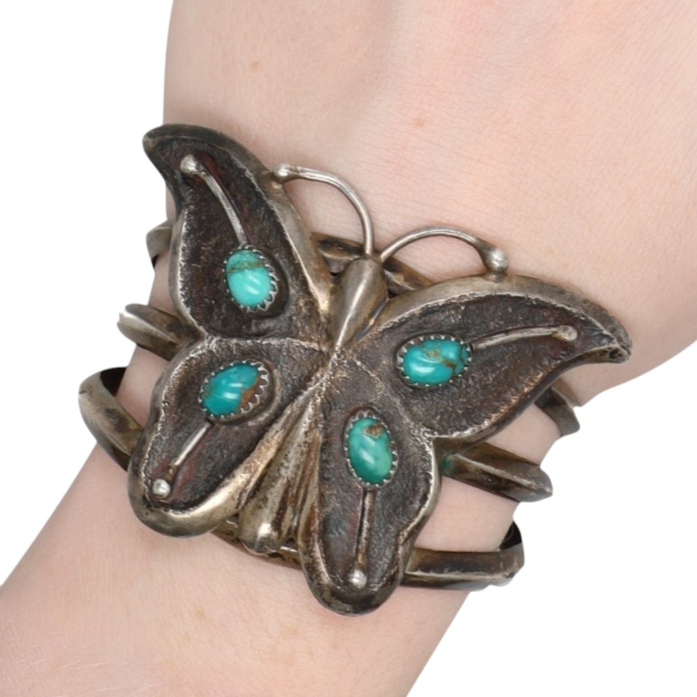 Vintage Signed Navajo Sterling Turquoise Cast Butterfly Cuff Bracelet
