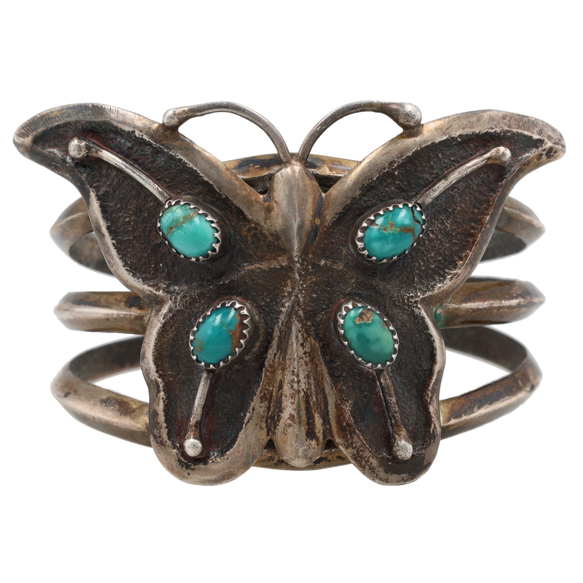 Vintage Signed Navajo Sterling Turquoise Cast Butterfly Cuff Bracelet
