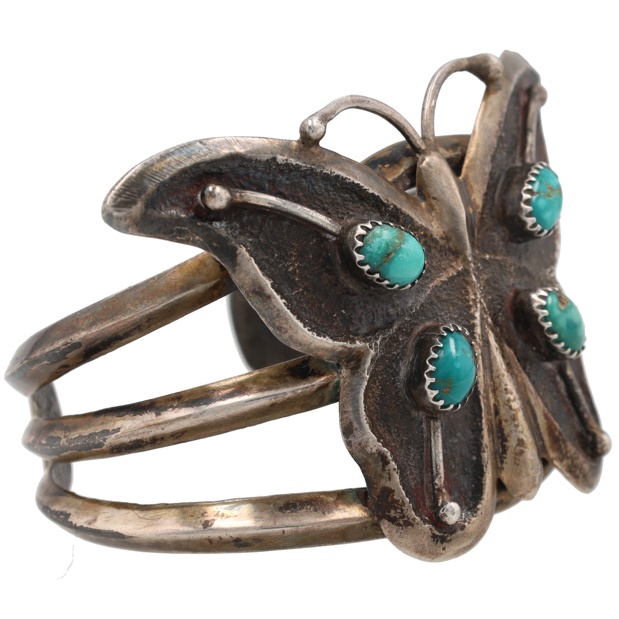 Vintage Signed Navajo Sterling Turquoise Cast Butterfly Cuff Bracelet