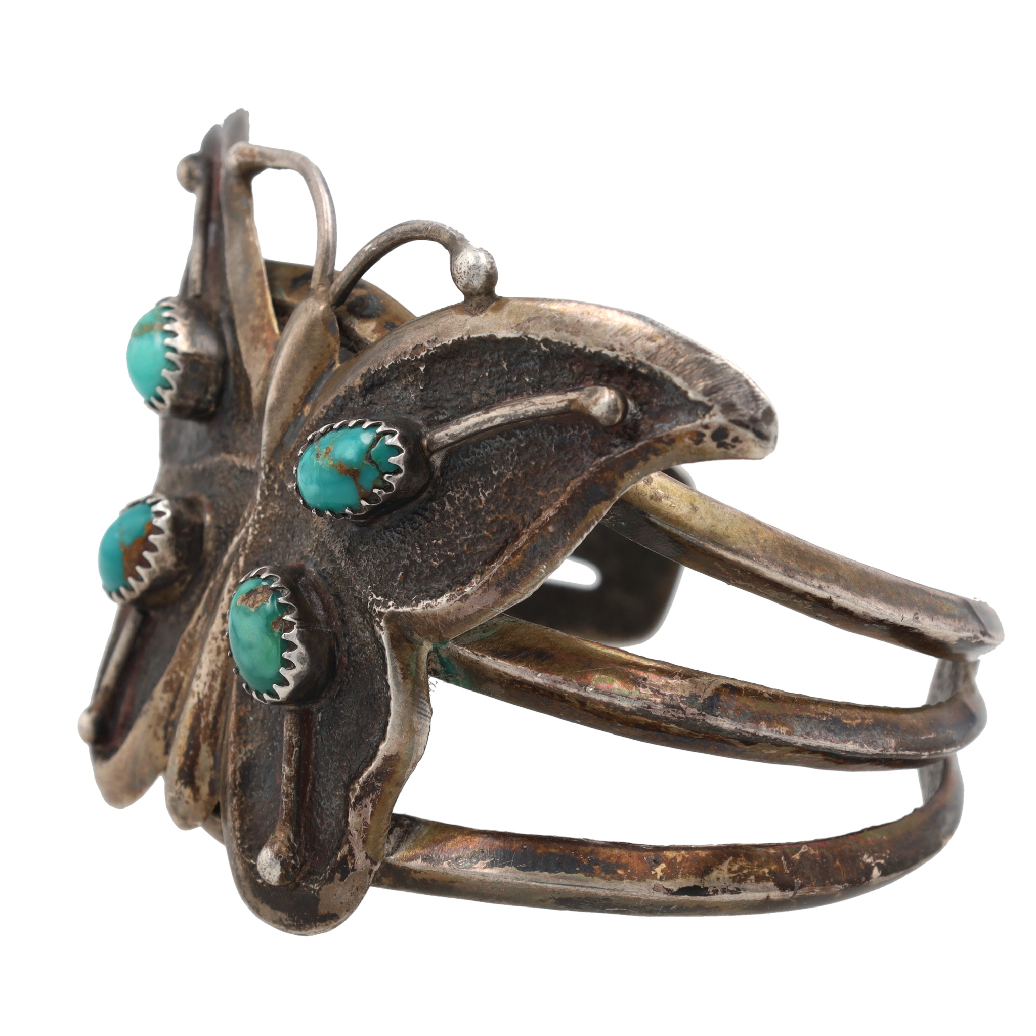 Vintage Signed Navajo Sterling Turquoise Cast Butterfly Cuff Bracelet