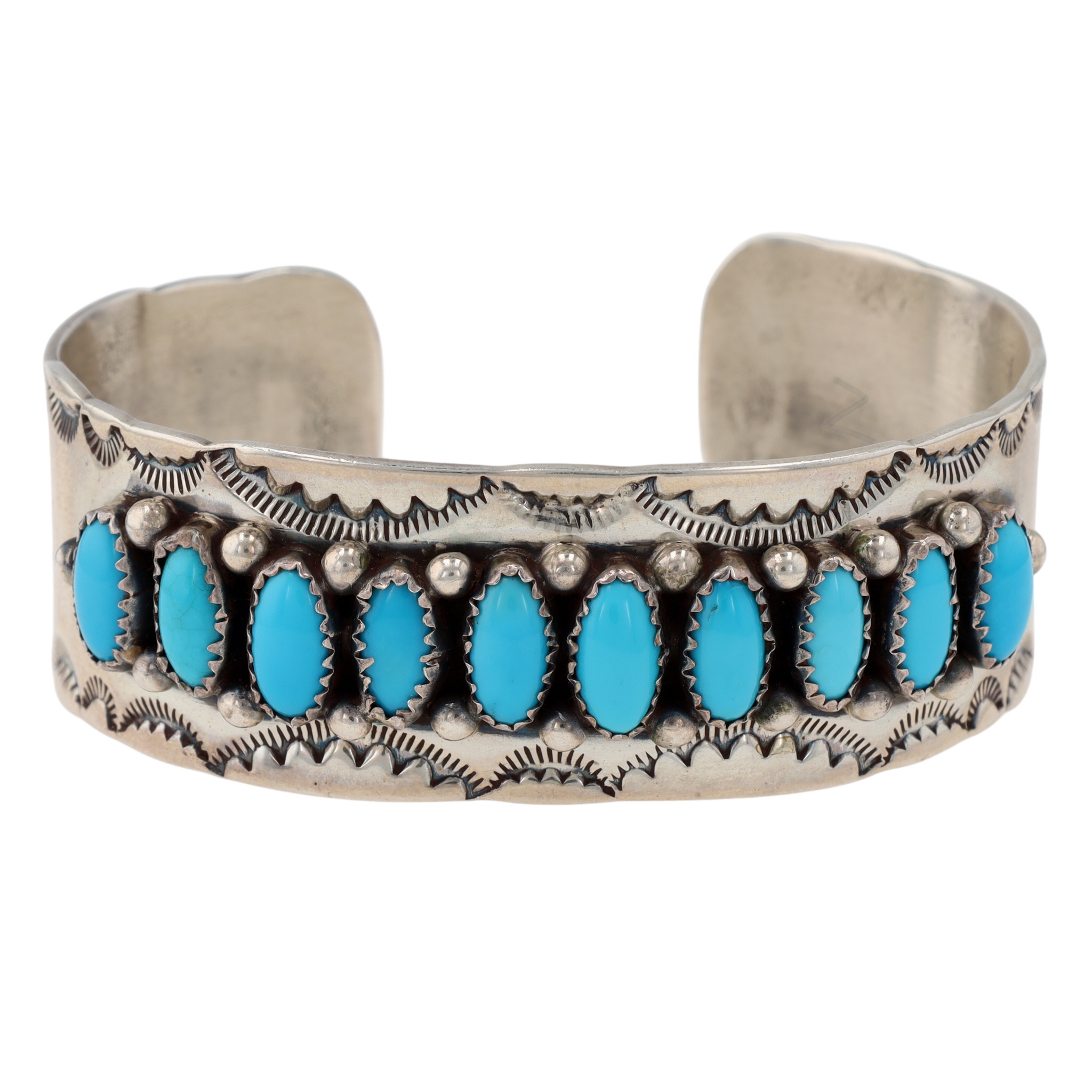 Signed Navajo Sterling Stamped Turquoise Cuff Bracelet