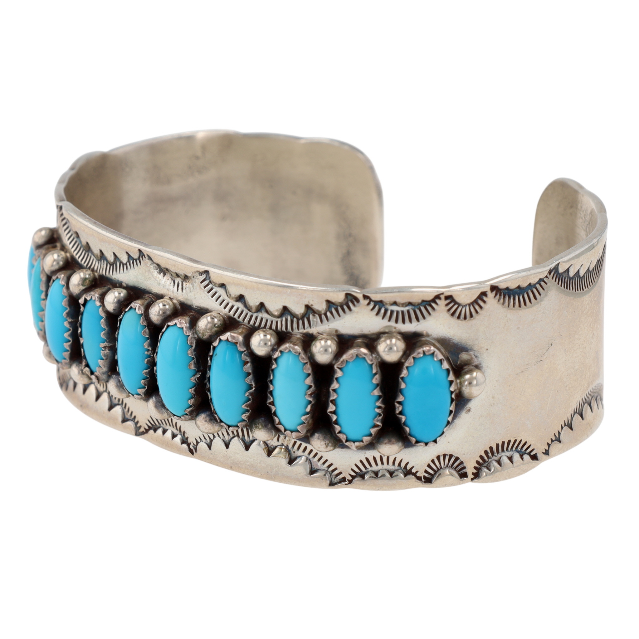 Signed Navajo Sterling Stamped Turquoise Cuff Bracelet