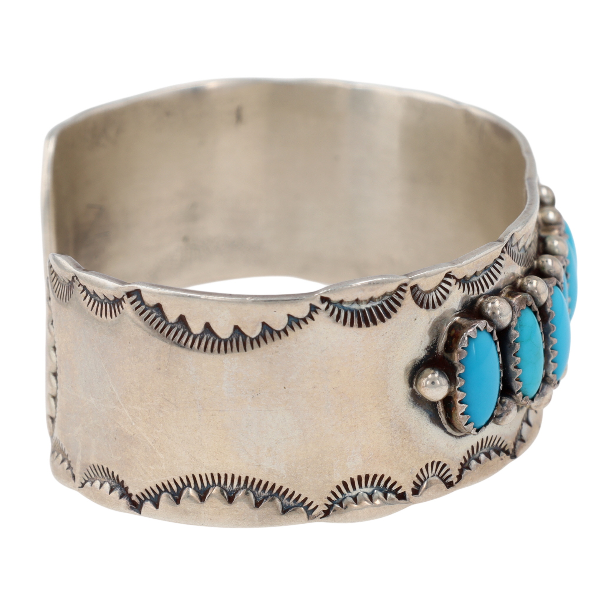 Signed Navajo Sterling Stamped Turquoise Cuff Bracelet