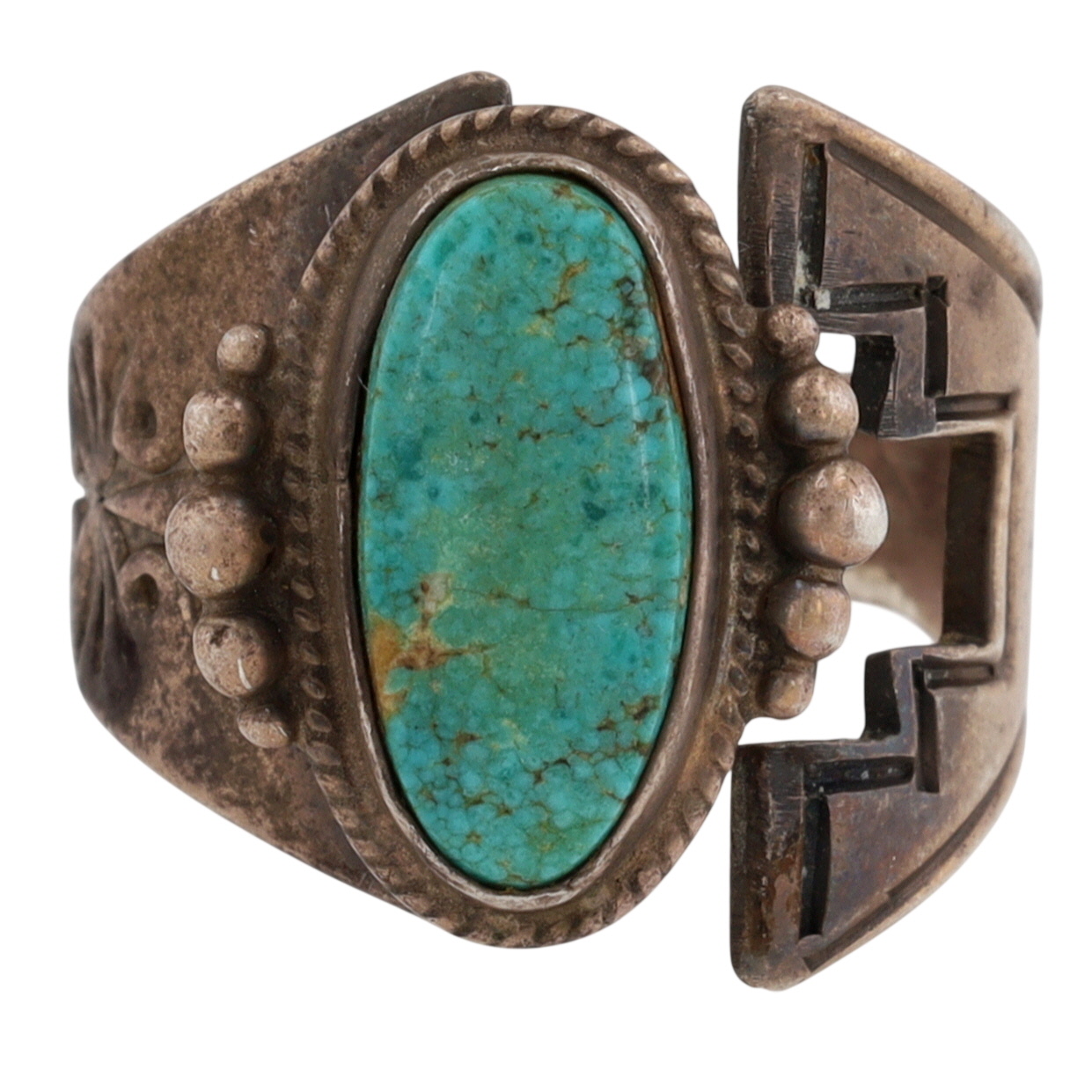 Signed Navajo Sterling Turquoise Stamped Ring Sz 8