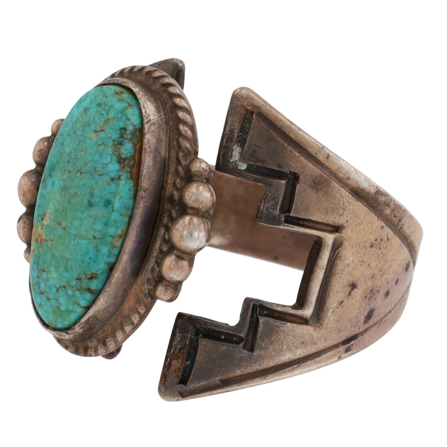 Signed Navajo Sterling Turquoise Stamped Ring Sz 8