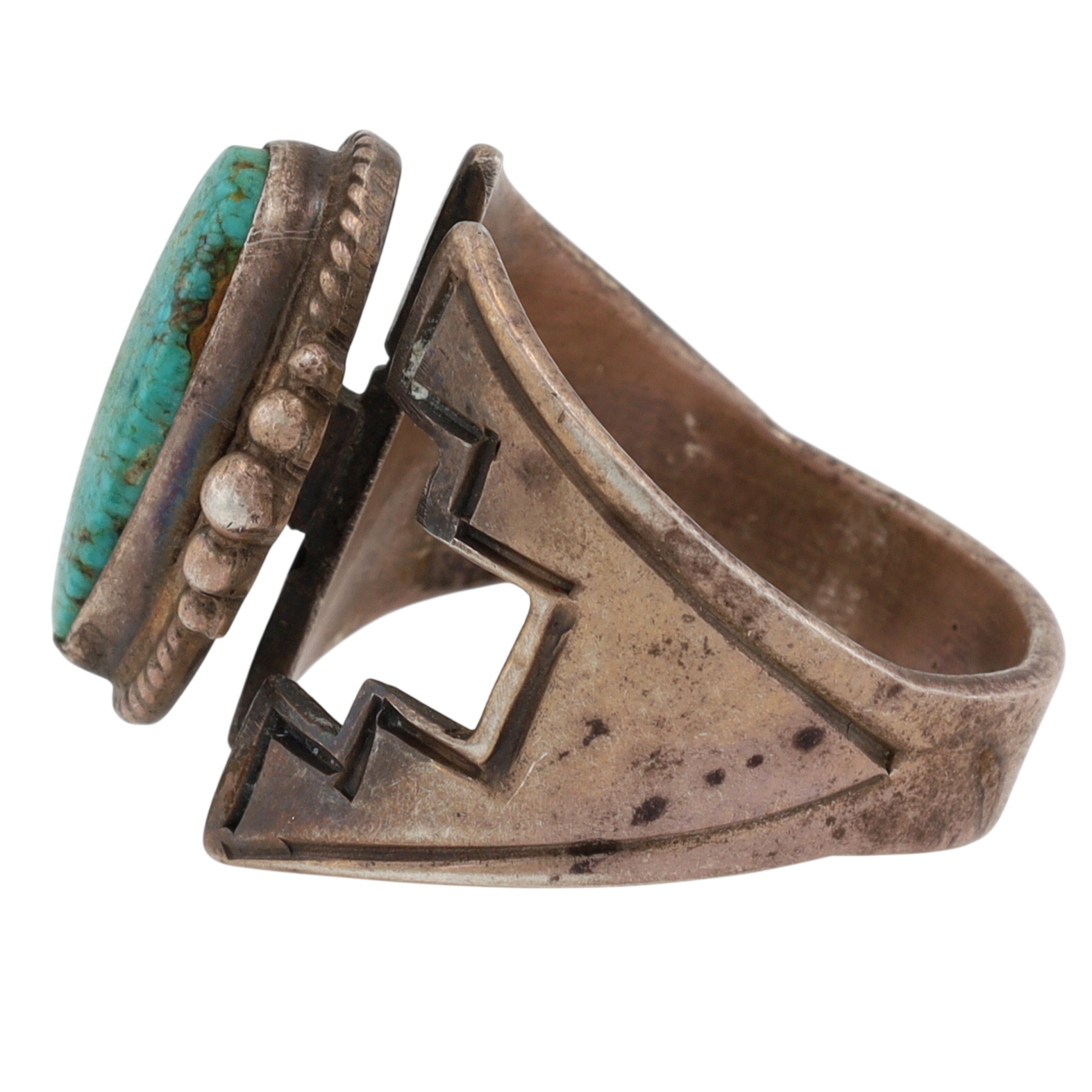 Signed Navajo Sterling Turquoise Stamped Ring Sz 8