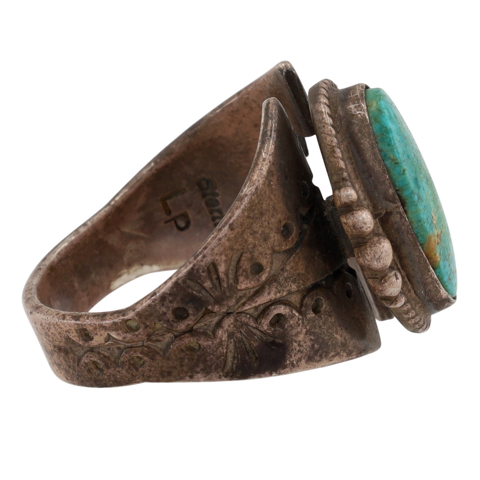 Signed Navajo Sterling Turquoise Stamped Ring Sz 8
