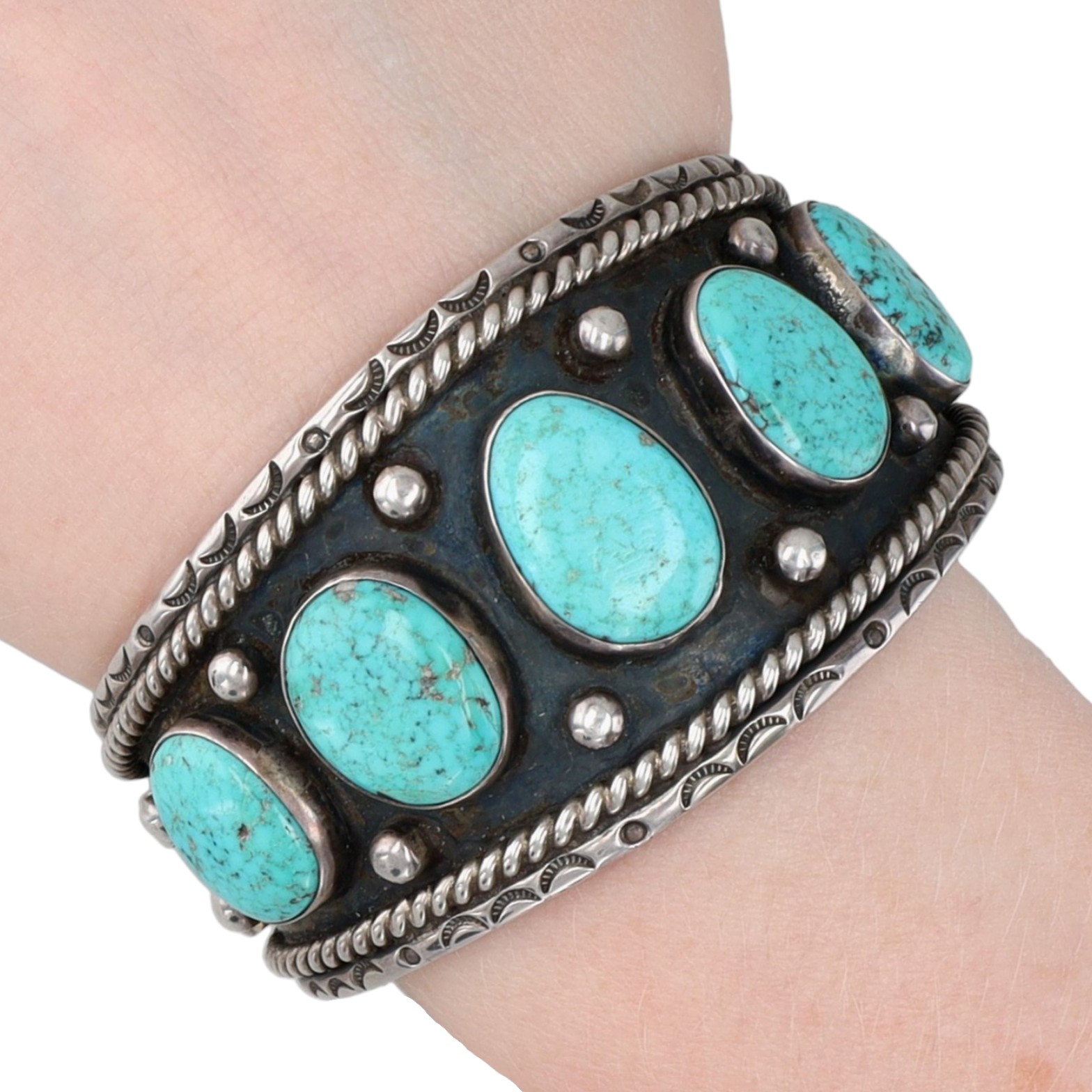Vintage Signed Navajo Sterling Turquoise Cuff Bracelet
