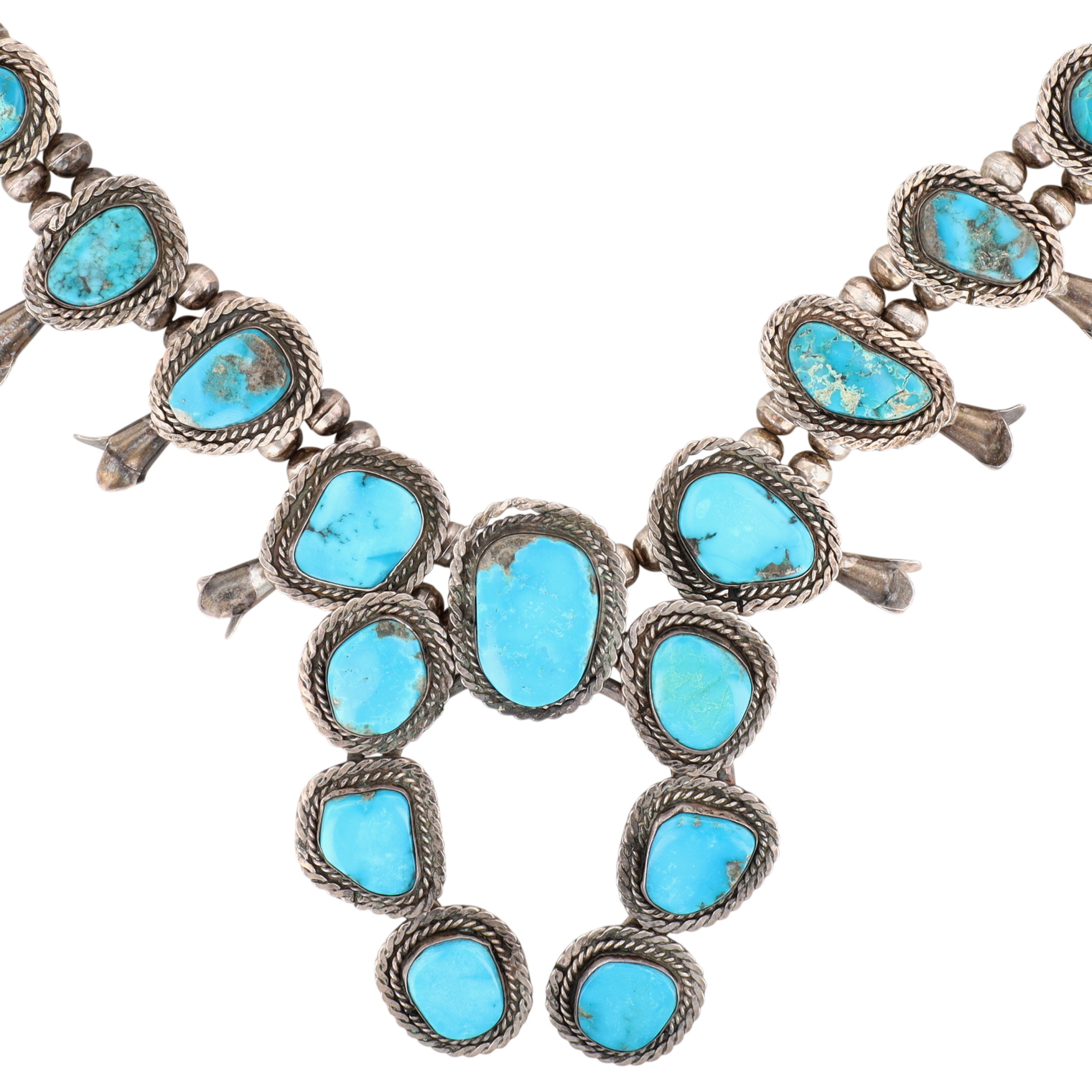 Vintage Navajo Sterling Turquoise Squash Blossom Necklace