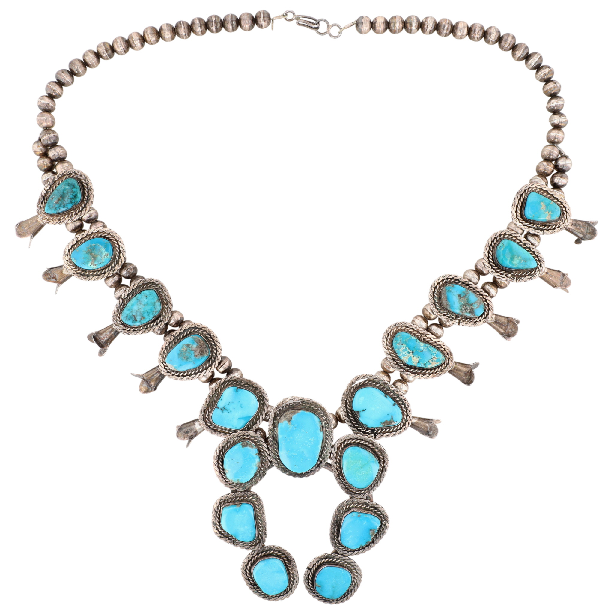 Vintage Navajo Sterling Turquoise Squash Blossom Necklace