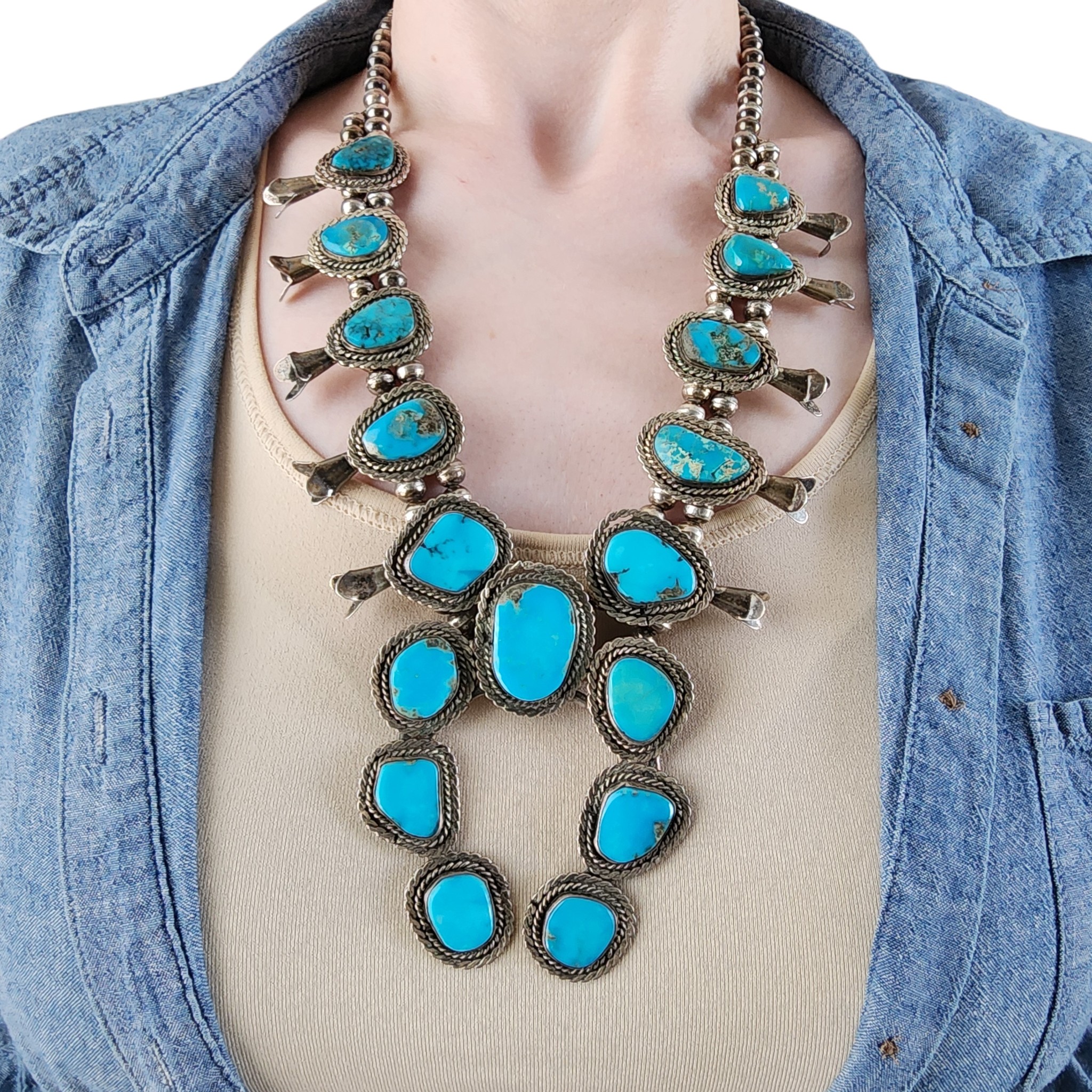 Vintage Navajo Sterling Turquoise Squash Blossom Necklace