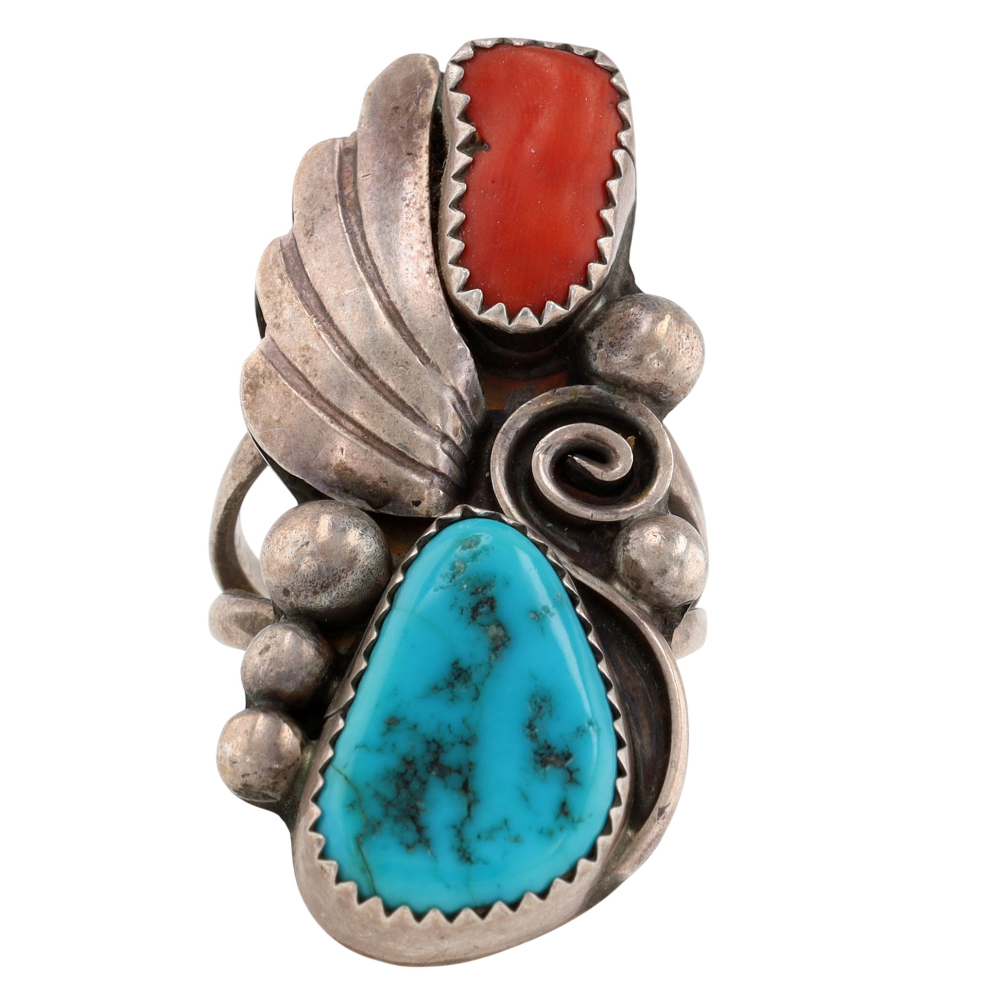 Signed Navajo Sterling Turquoise Coral Ring Sz 6.5