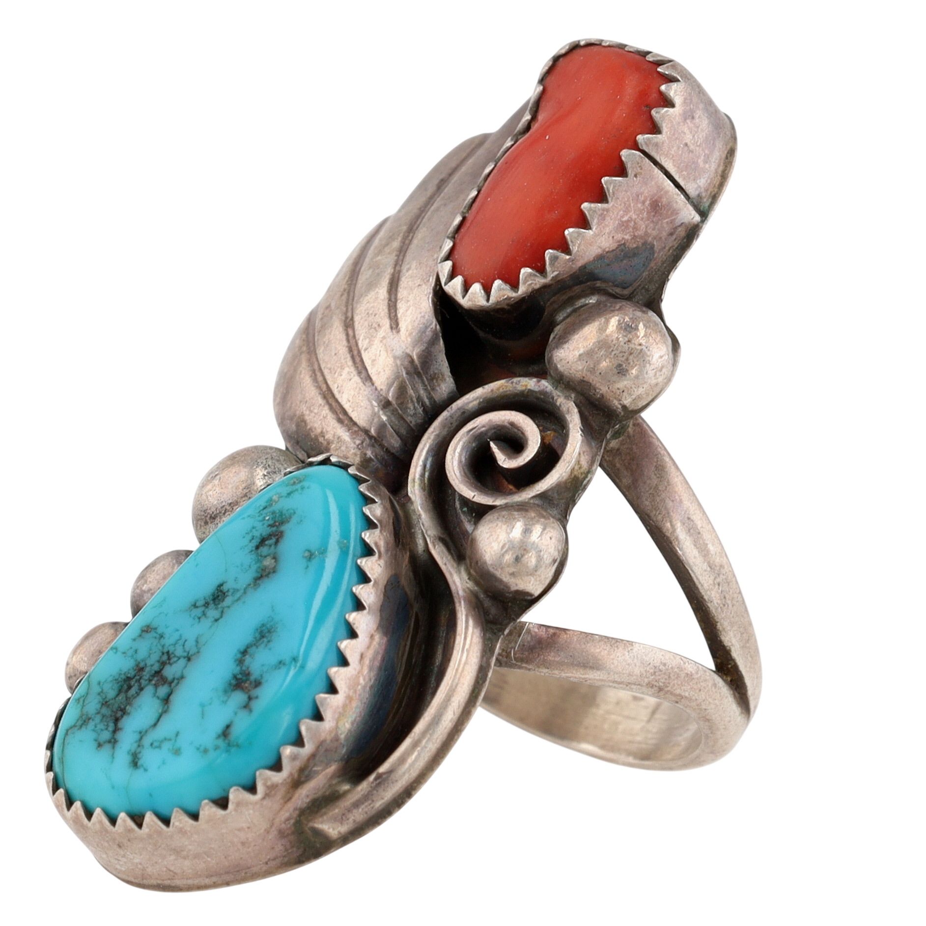 Signed Navajo Sterling Turquoise Coral Ring Sz 6.5