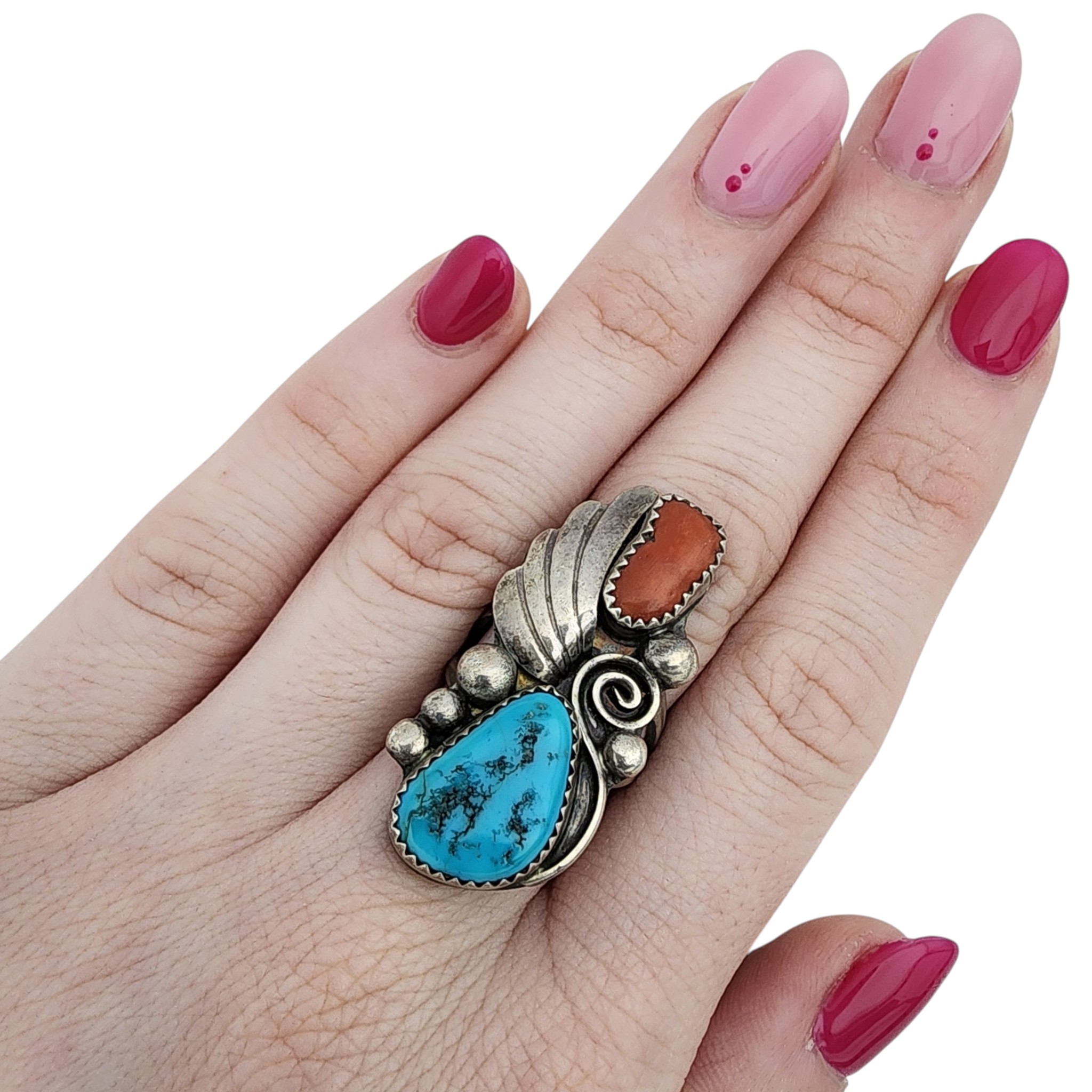 Signed Navajo Sterling Turquoise Coral Ring Sz 6.5