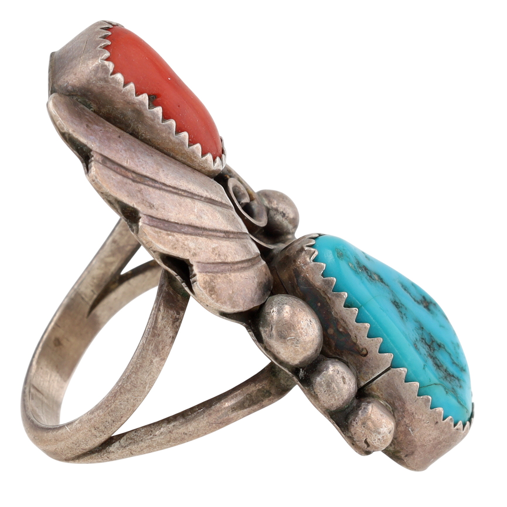 Signed Navajo Sterling Turquoise Coral Ring Sz 6.5