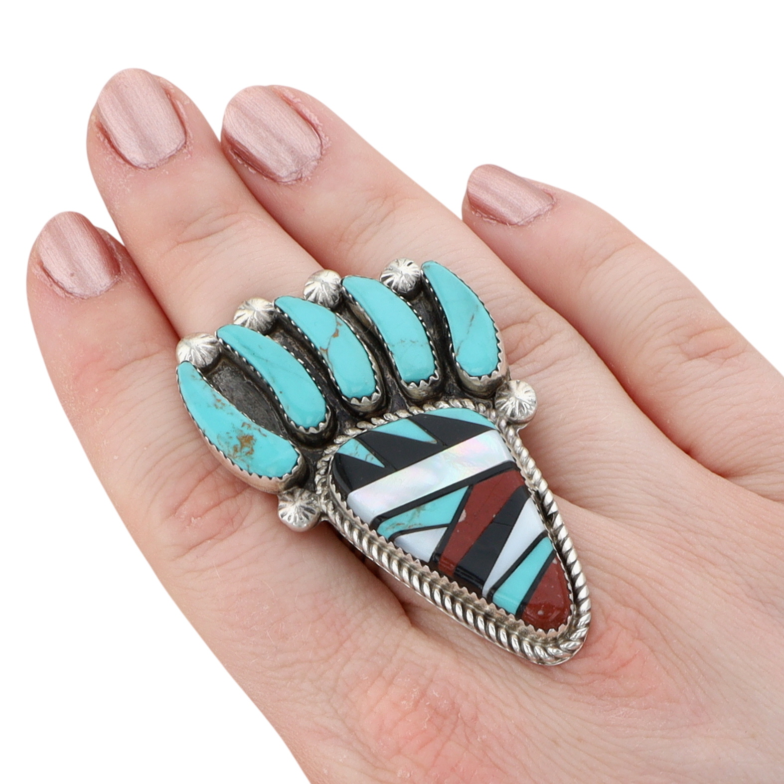 Ben Livingston Sterling Multi-Stone Inlay Bear Paw Ring Sz 8