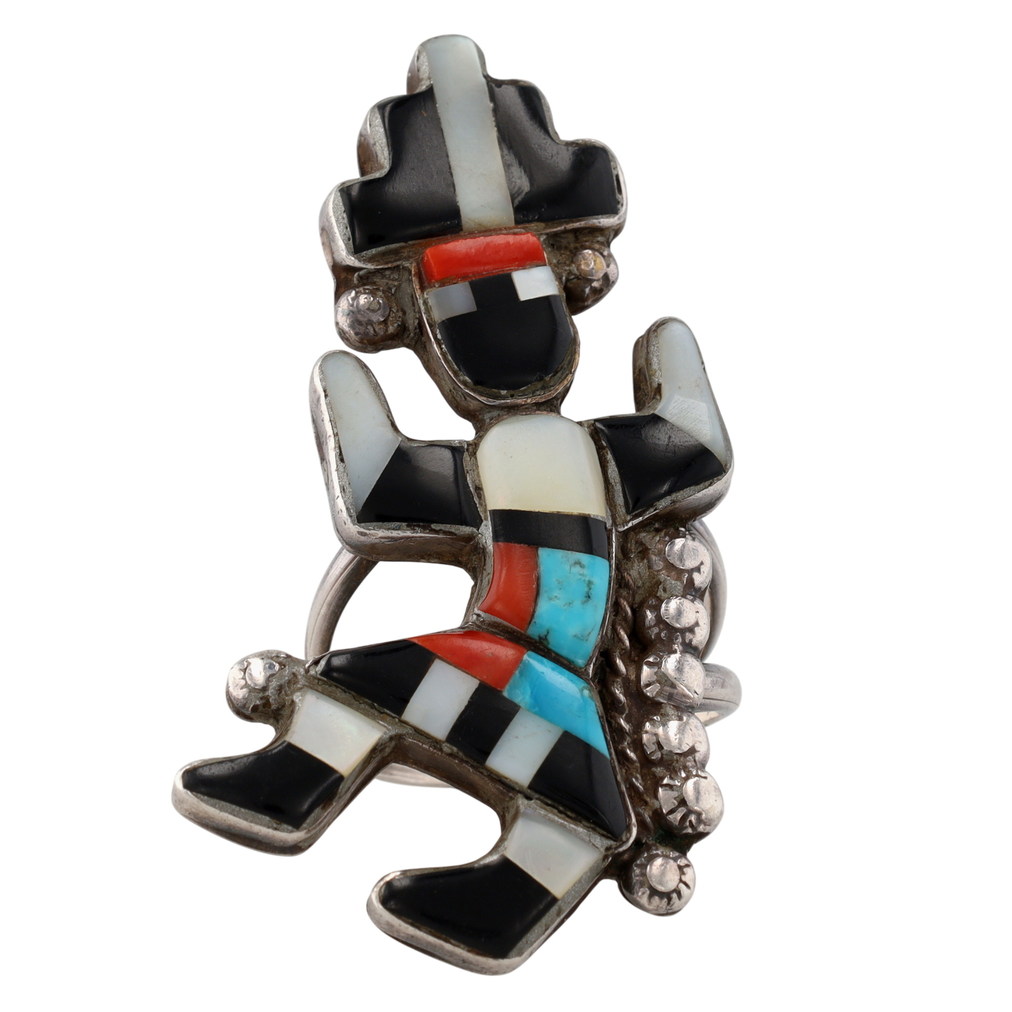 Vintage Zuni Sterling Multi-Stone Inlay Rainbow Man Ring Sz 8.5