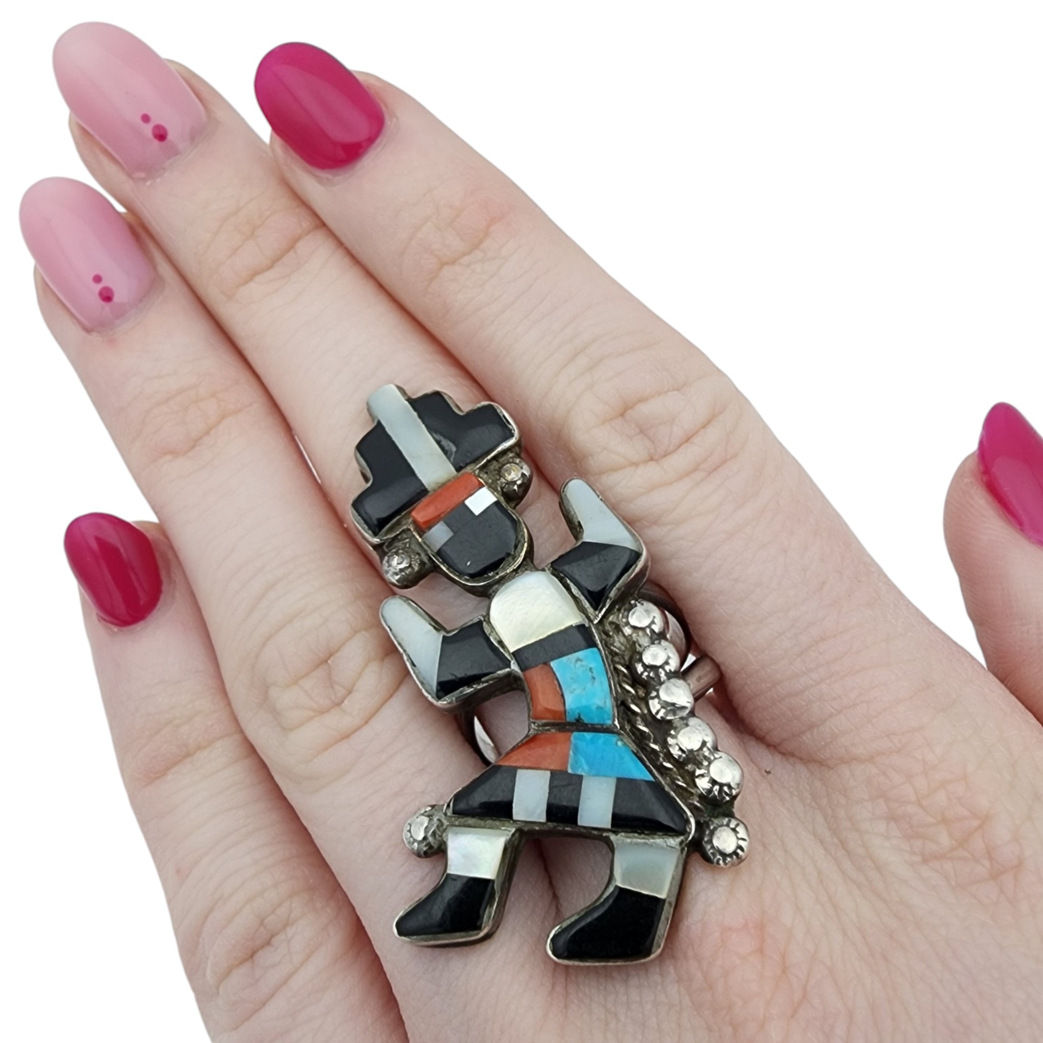 Vintage Zuni Sterling Multi-Stone Inlay Rainbow Man Ring Sz 8.5