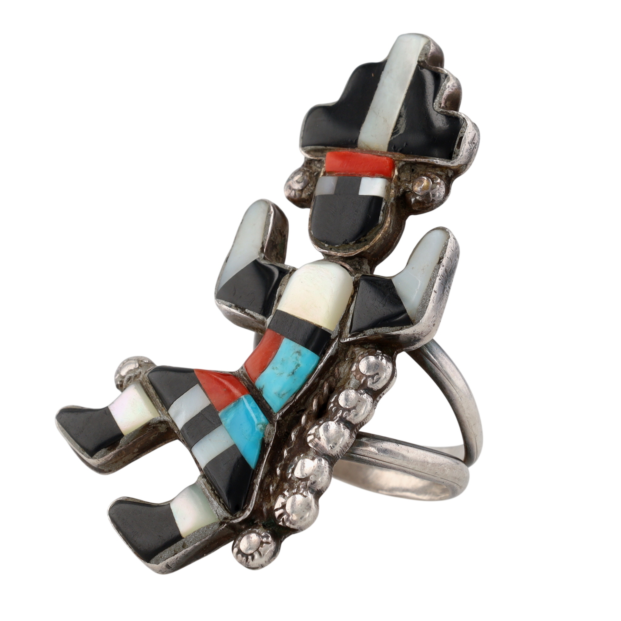 Vintage Zuni Sterling Multi-Stone Inlay Rainbow Man Ring Sz 8.5