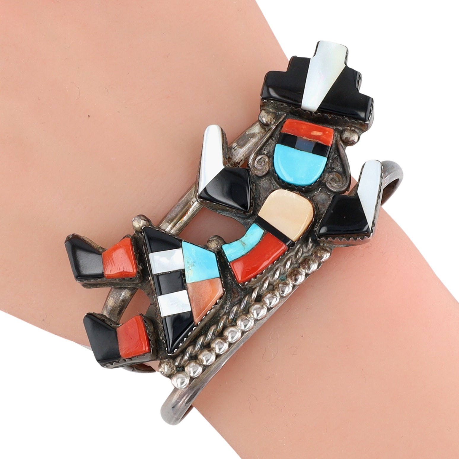 Vintage Zuni Sterling Multi-Stone Inlay Rainbow Man Cuff Bracelet