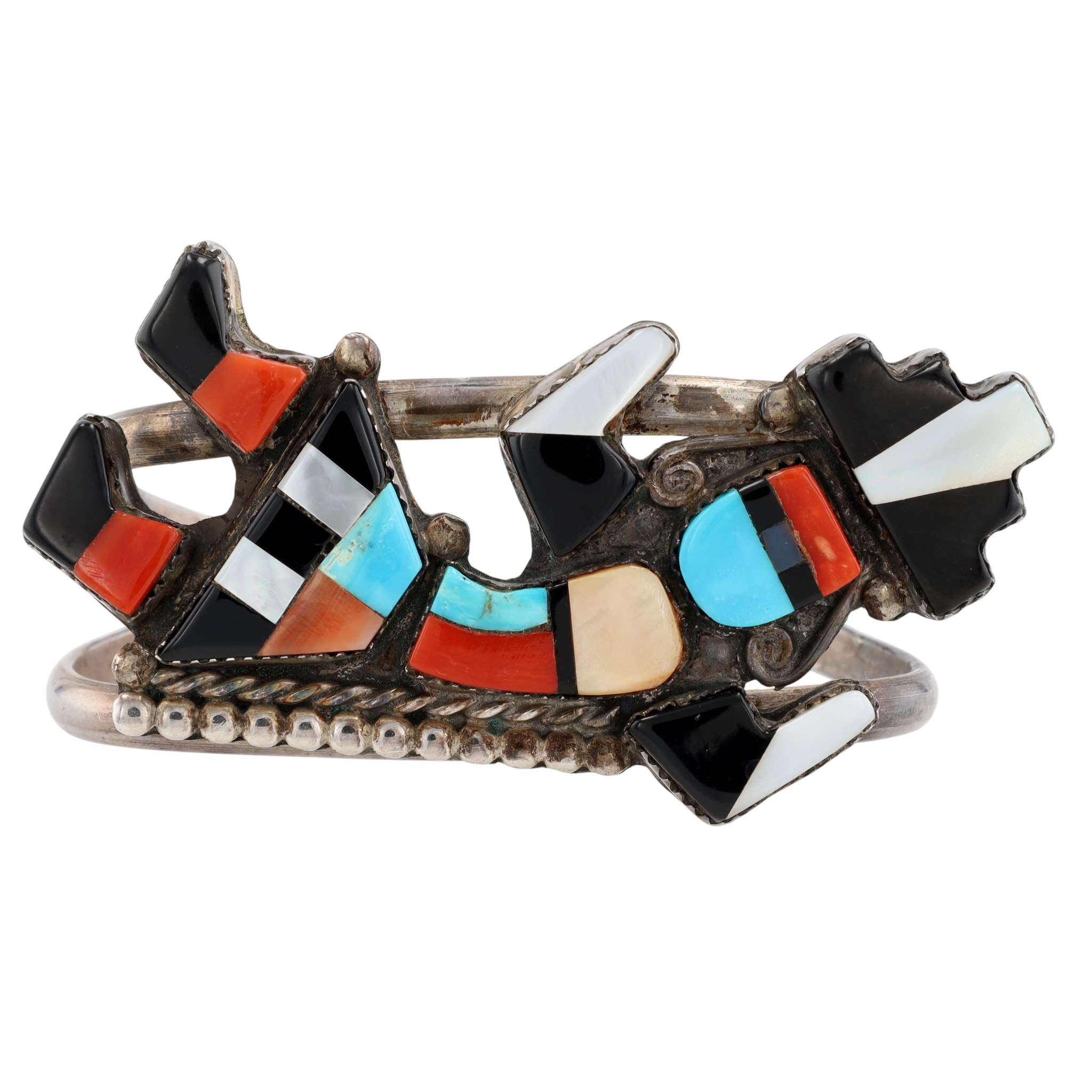 Vintage Zuni Sterling Multi-Stone Inlay Rainbow Man Cuff Bracelet